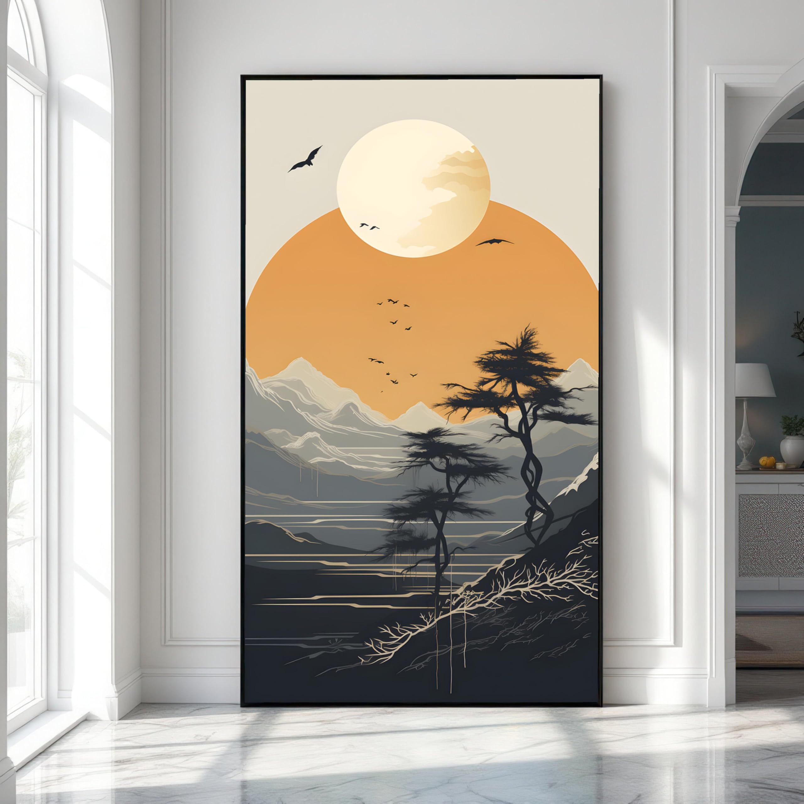TONGYINLI Minimalistyczny obraz, krajobraz płótno sztuka ścienna, duże plakaty słoneczne, abstrakcyjne wydruki sceny natury, obraz sylwetki drzewa (70 x 130 cm)