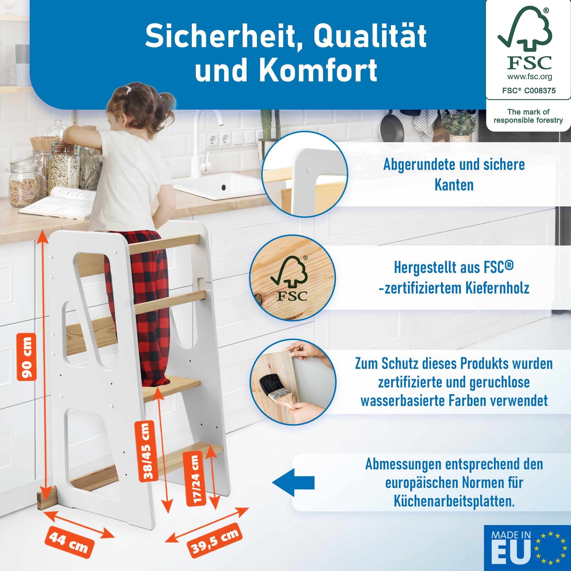 Lernturm ab 1 Jahr mit Anti-Kipp-Schutz – Höhenverstellbarer Montessori Learning Tower aus FSC-Massivholz – Bis zu 50kg belastbar – Für Kinder, für Küche, Tisch und Bad – MEBLE WRÓBEL®