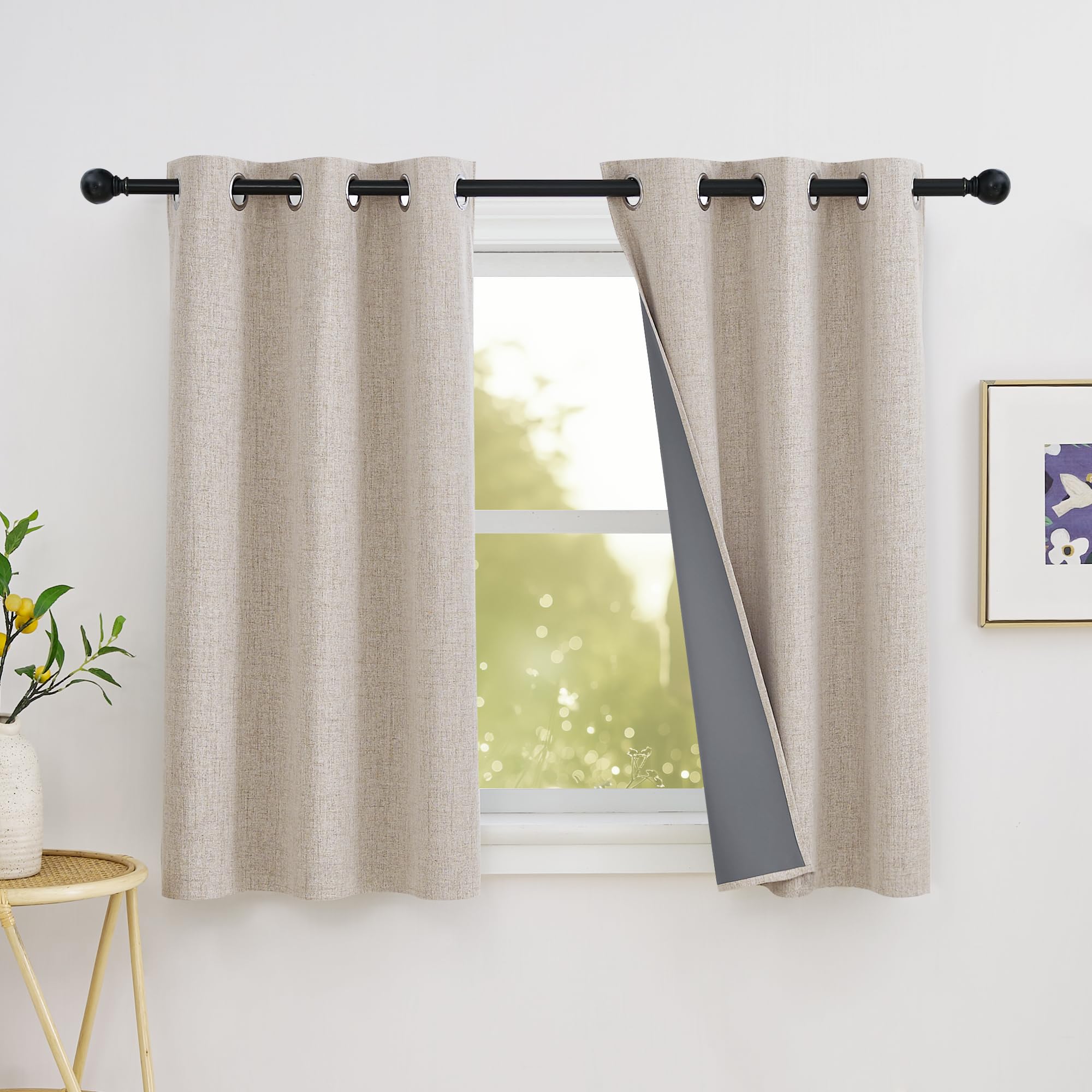 PONY DANCE 100% Blackout Linen Curtains for Bedroom- Coating Thermal Insulated Eyelet Curtains, Room Darkening Window Drapes Noise Reducing Energy Saving for Kitchen, 34x45 Inches, 2 Panels, BeigeOEKO-TEX STANDARD 100