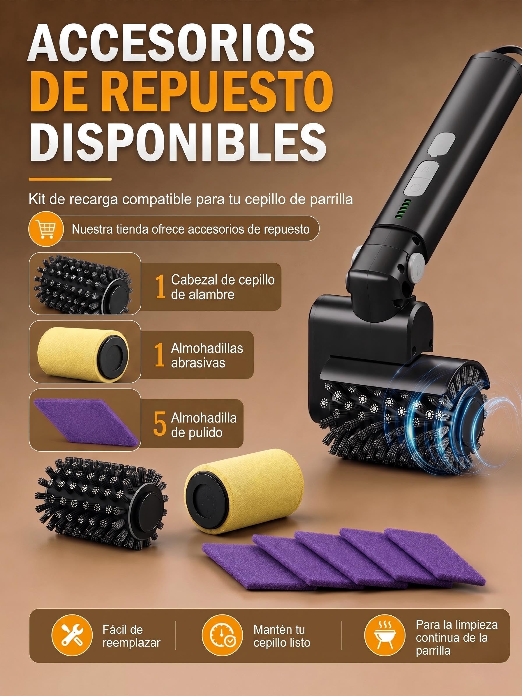 Cepillo eléctrico para Parrillas — Cepillo con Control de Potencia de 3 velocidades para Parrillas de Exterior, Recargable y sin Cables — Incluye 2 Cabezales de Cepillo y Almohadilla de Limpieza