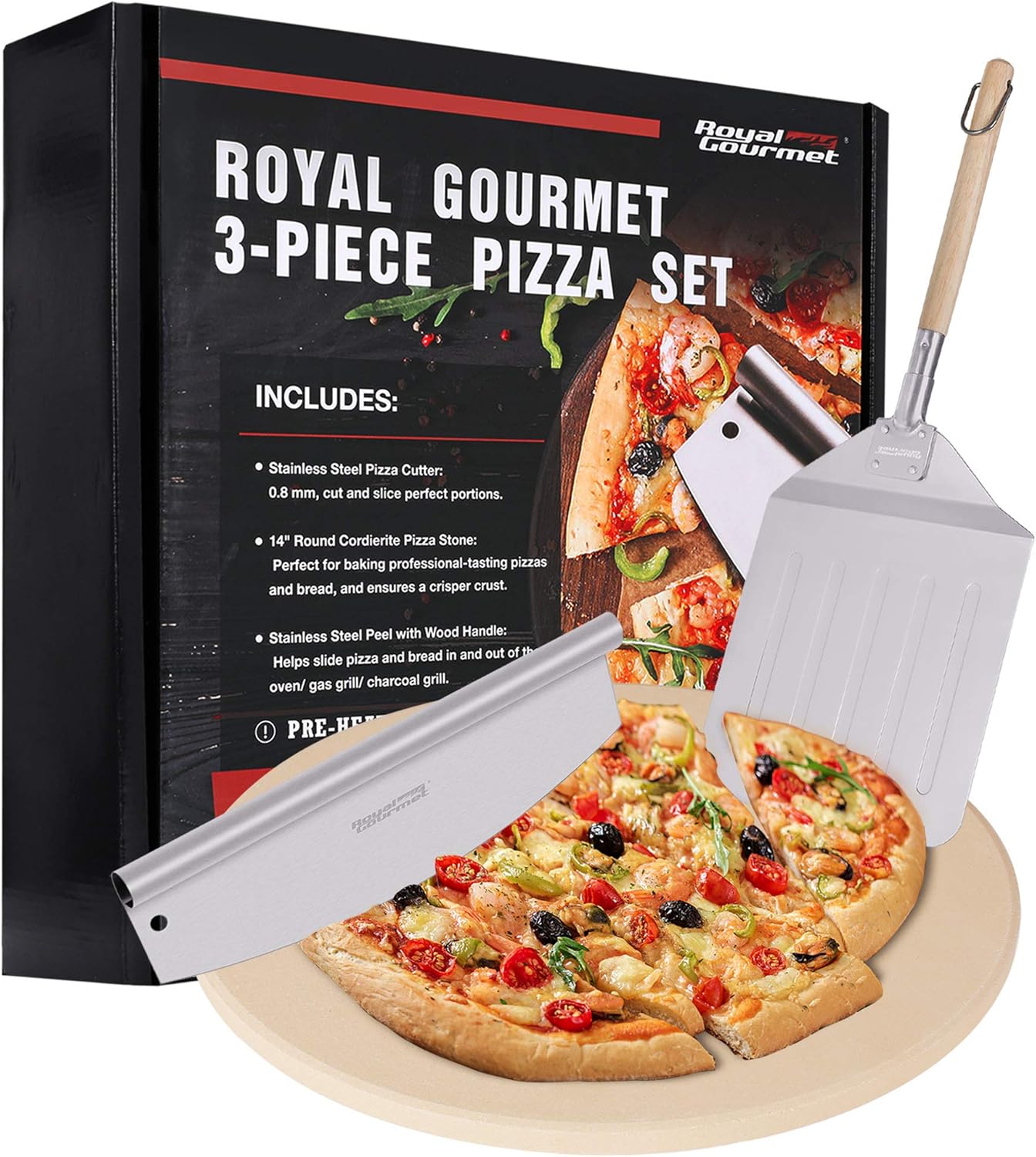 Royal Gourmet KSF1406 3-Piece Pizza Set for Grill, BBQ and Oven with 14-Inch Round Pizza Baking Stone, Peel/Shovel and Cutter, Baking Tools, Multi