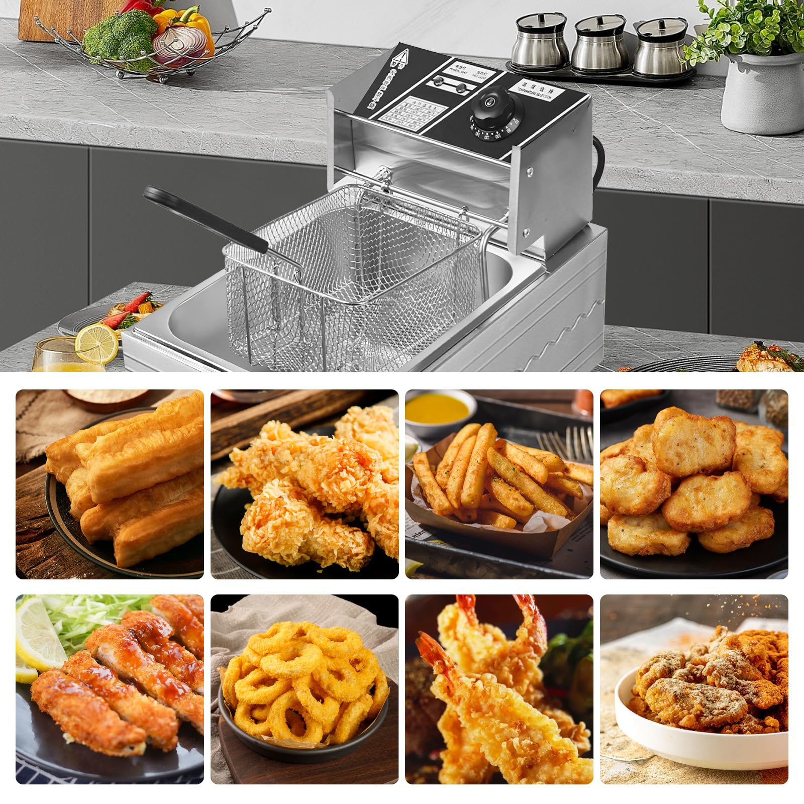 Freidora de Aceite 6L,Freidora ElEctrica con Cesta Incluida,2200,Potencia de 2200W, Potencia 2200W, Temperatura Regulable 200°C, Cuerpo Inoxidable Resistente, uso Doméstico y Comercial (6L)