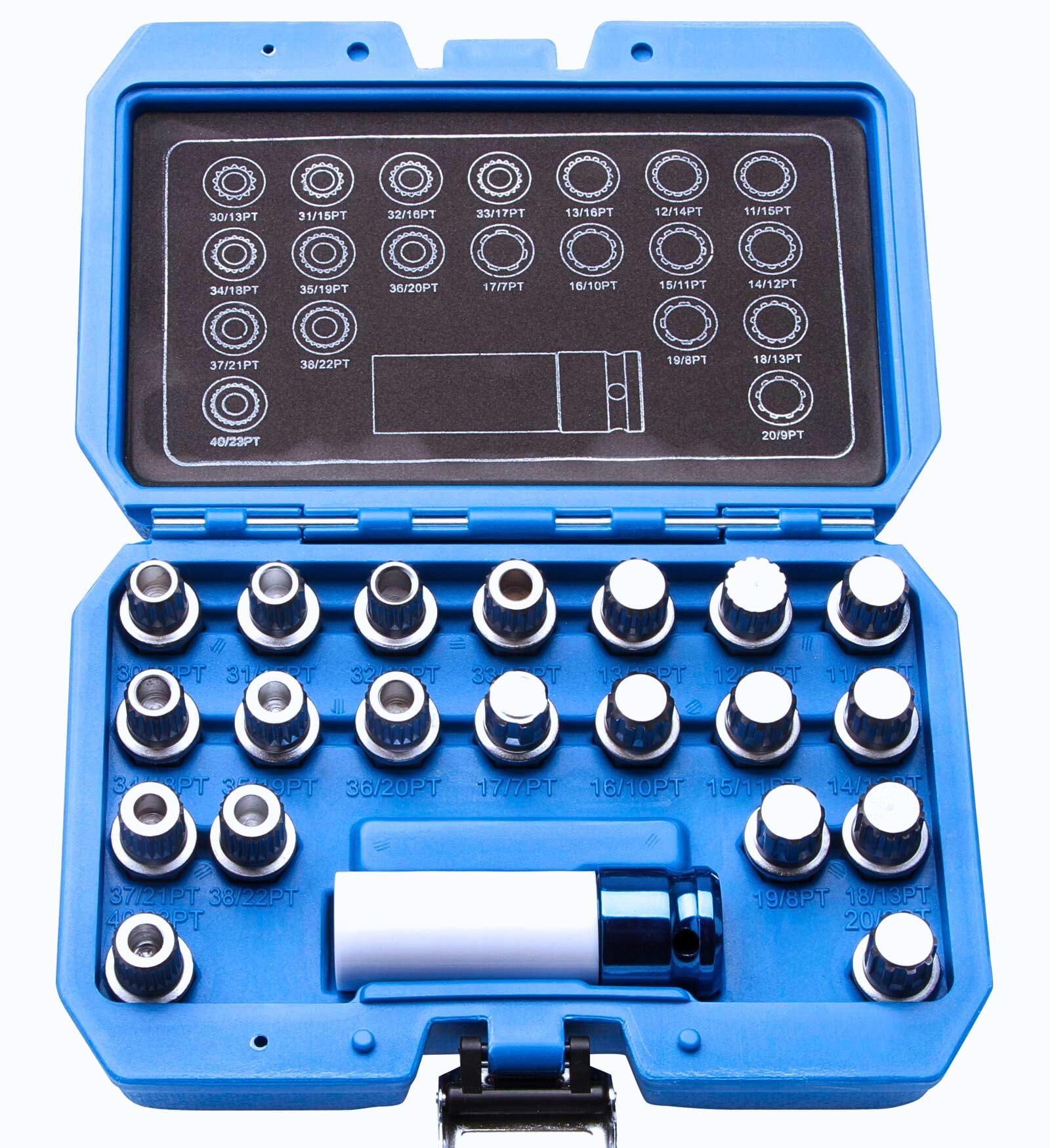 21-tlg. Felgenschloss Lösewerkzeug Set geeignet für BMW – 1/2" 17 mm 6-Kant Schonnuss – Stecknüsse & Einsätze für originale BMW Radschlösser – inkl. Koffer