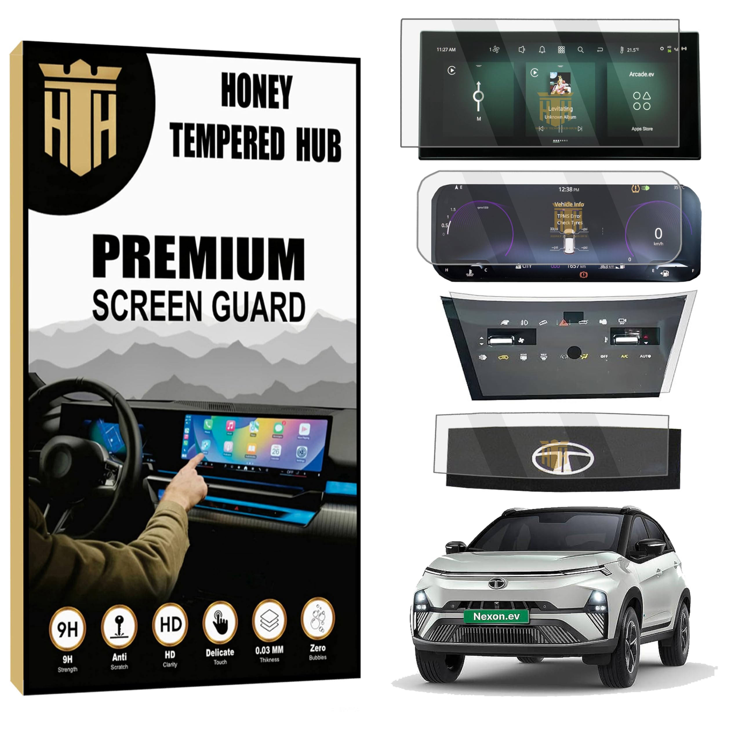 HONEY TEMPERED HUB (PACK OF 4) Screen Guard For TATA NEXON EV 2023 / EMPOWERED PLUS 12.3 INCH INFOTAINMENT + STEERING + INSTRUMENT CLUSTER + AC PANEL Protector [Not Tempered Glass] (Nexon.Ev Empowered+)