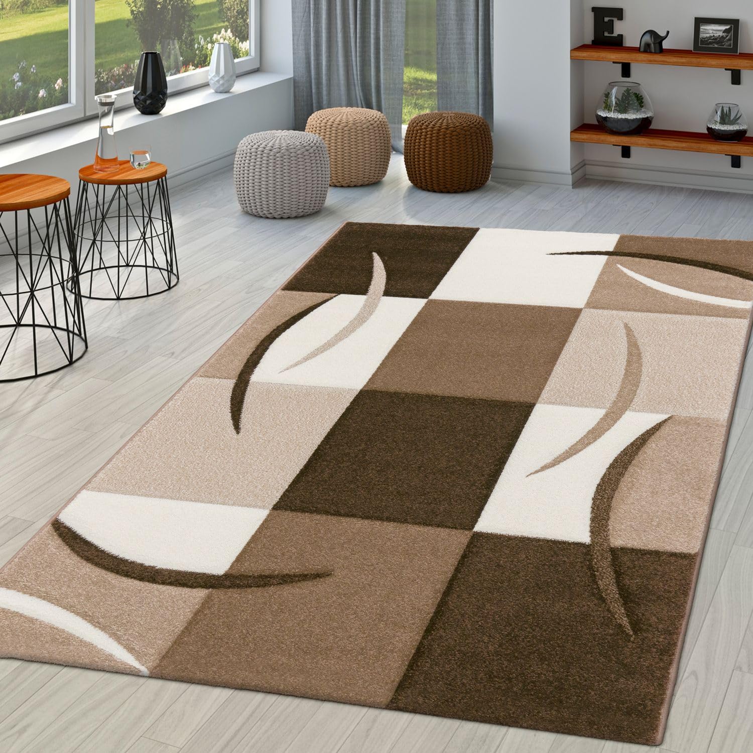 TT Home Wohnzimmer Teppich Moderner Kurzflor 3D Optik Geometrisches Wellen Design, Farbe: Braun 3, Größe:80x150 cm