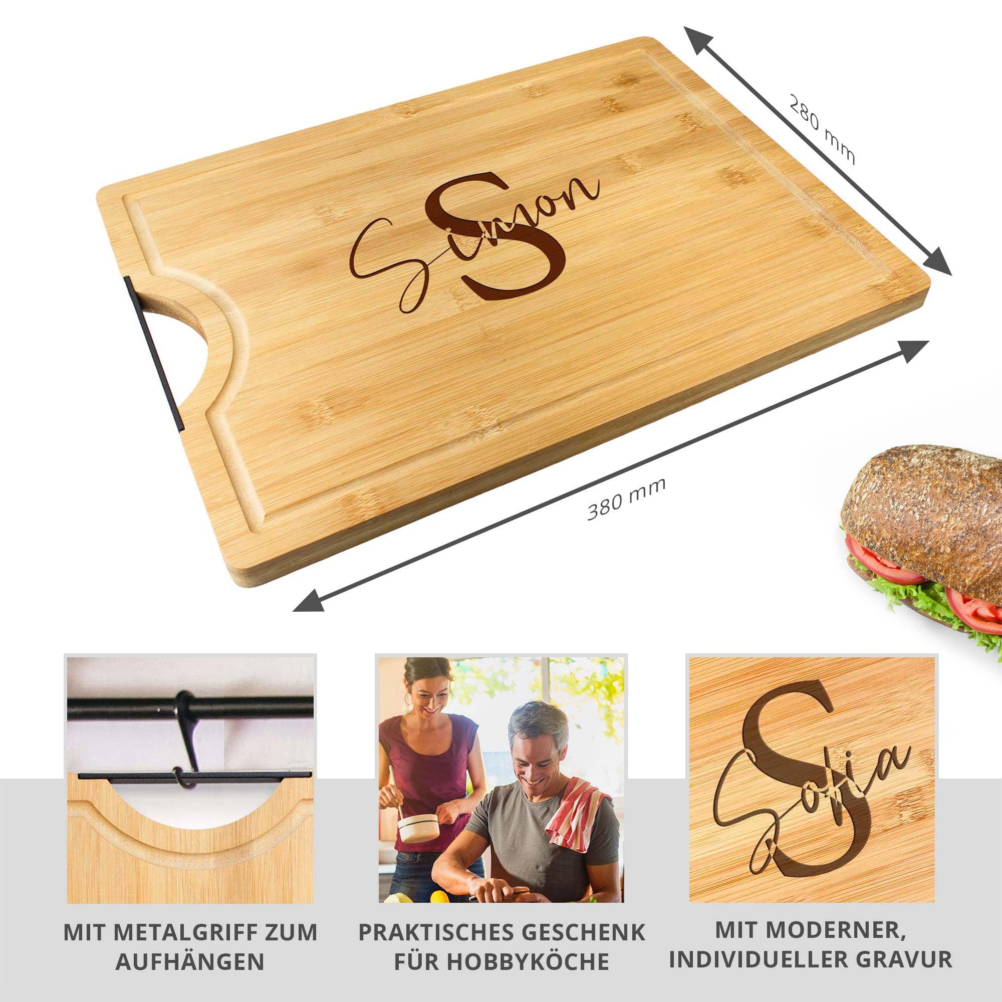 AMAVEL Schneidebrett aus Bambus mit Metallgriff, Personalisiertes Küchenbrett mit Gravur, Initial Signatur, Servierbrett zum Grillen, Holz Grillbrett, Brotzeitbrett mit Saftrille