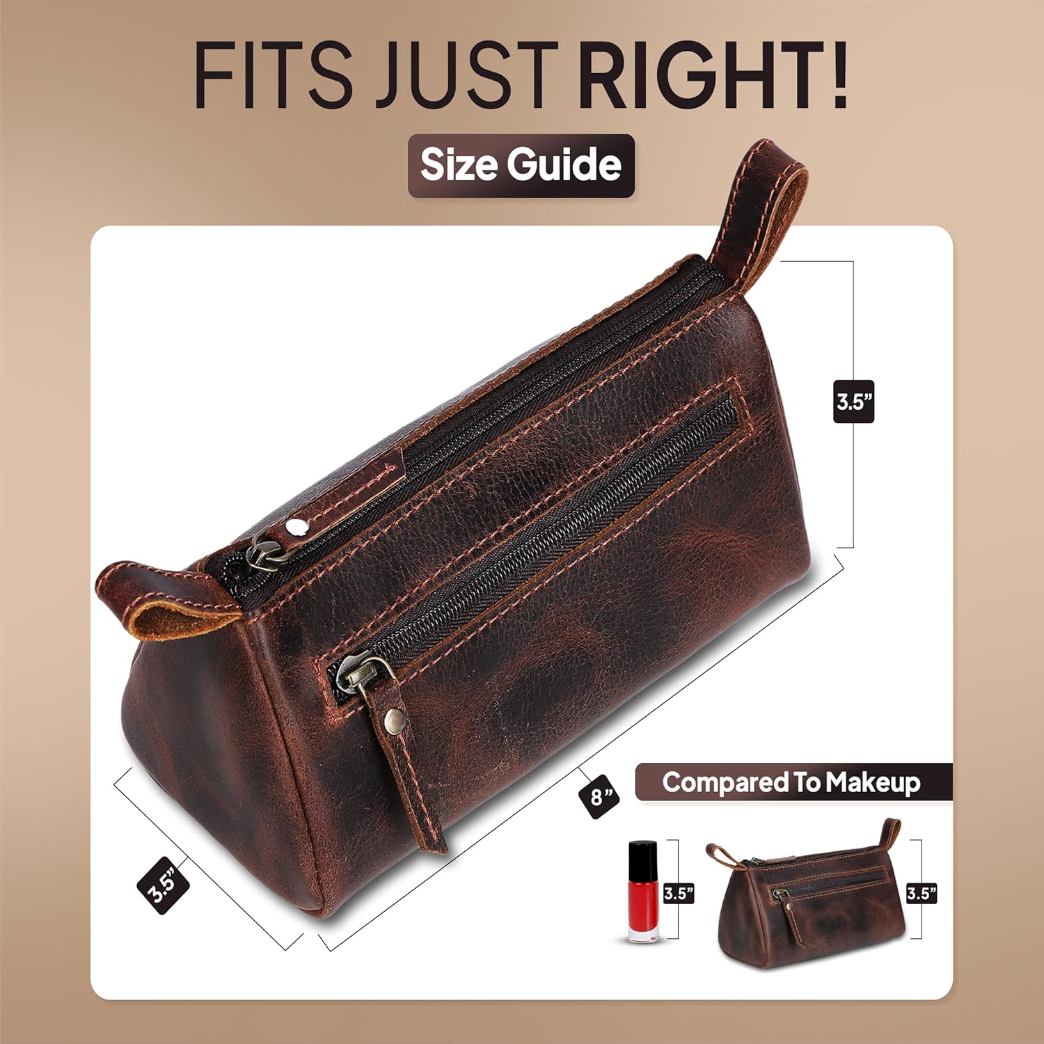 Leather Makeup Bag for Women – Genuine Leather Cosmetic Bag Travel, Handmade Zippered Makeup Pouch, Small Toiletry Bag, Shaving Kit & Stationery Organizer- Brown - Image 2