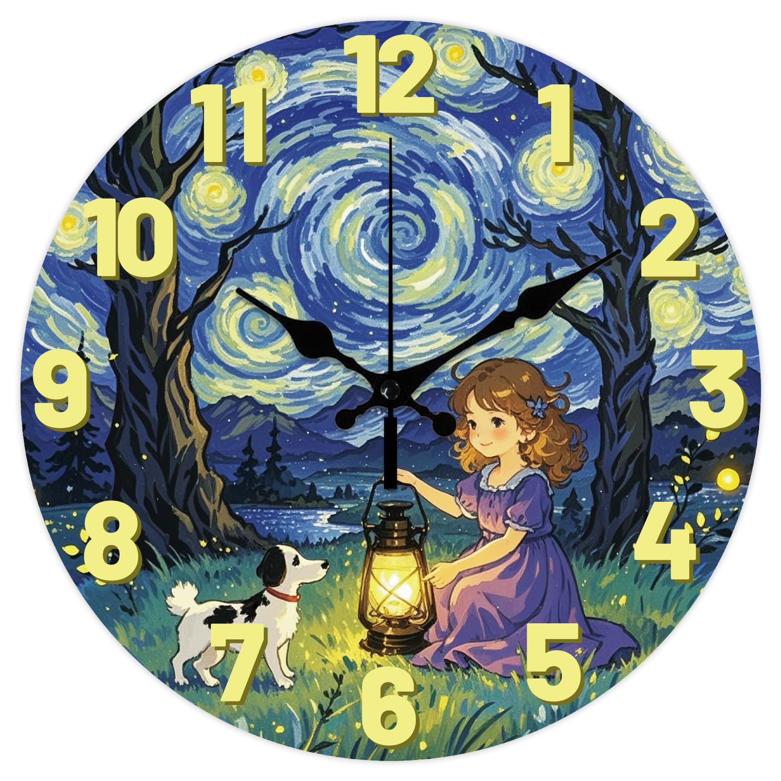 CHGCRAFT 12 Inch Fantasy Style Girl Dog Pattern Round Decorative Wall Clock Battery Operated Silent Non Ticking, for Home Office Living Room Bedroom Kitchen Home Decor