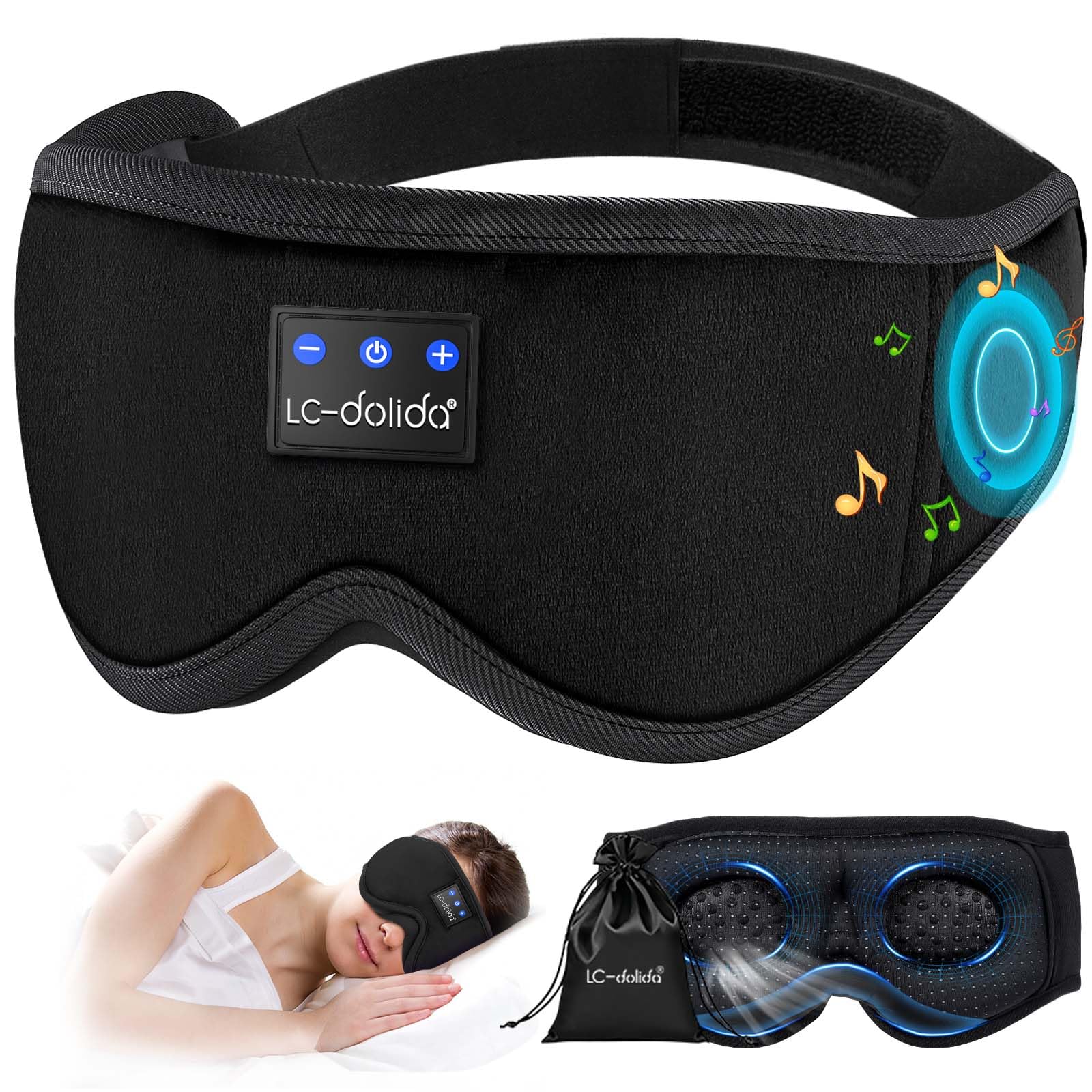 LC-dolida Sleep Headphones Bluetooth 5.4 Sleep Mask, Bluetooth 3D Eye Cover for Sleeping, Travel Hi-Fi Wireless Headphones Side Sleepers, Built-in Mic & Ultra Soft Sleeping Mask,Cool Tech Personalised Present
