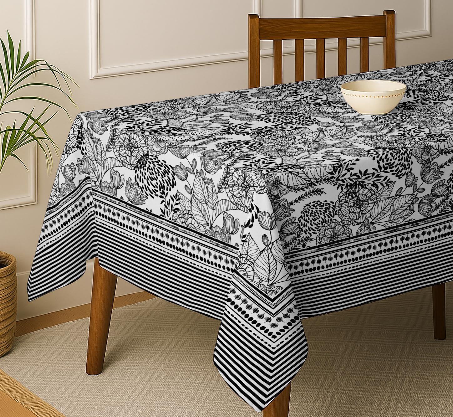 Floral Print Cotton Twill Tablecloth - Black Extra Large 180x70 Inch Dining Table Cover, Fits 8 to 10 Seater Tables, Stylish & Ideal for Large Family Meals, Weddings & Celebrations-image-41
