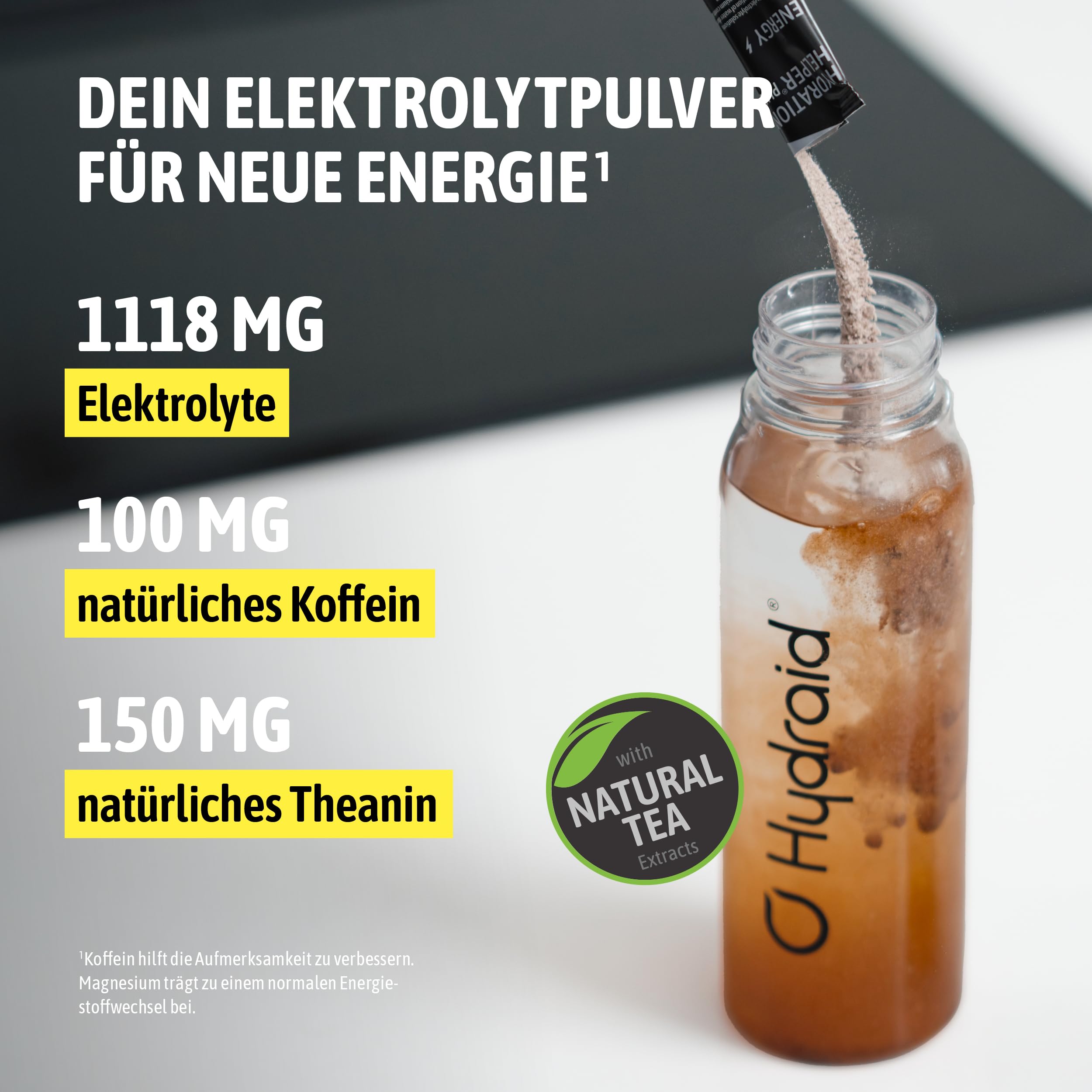 Hydraid® PLUS ENERGY Peach Iced Tea – Elektrolyt Pulver mit Koffein – Mehr Energie & Mehr Fokus – 20 Sticks mit Grüntee Extrakt und Theanin