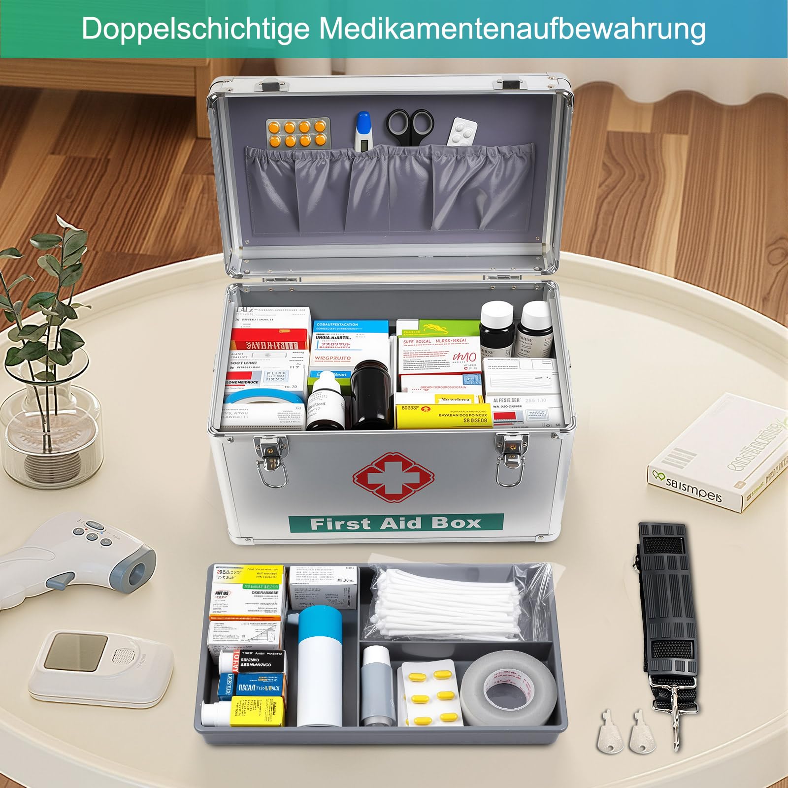 Werschließbare Medikamentenbox, Abschließbare Medizinbox Aufbewahrungsbox mit Tragegriff & Tragegurt 36.5 x 24 x 22 cm, Medikamenten Aufbewahrung Erste Hilfe Koffer für Haus Schule Krankenhaus