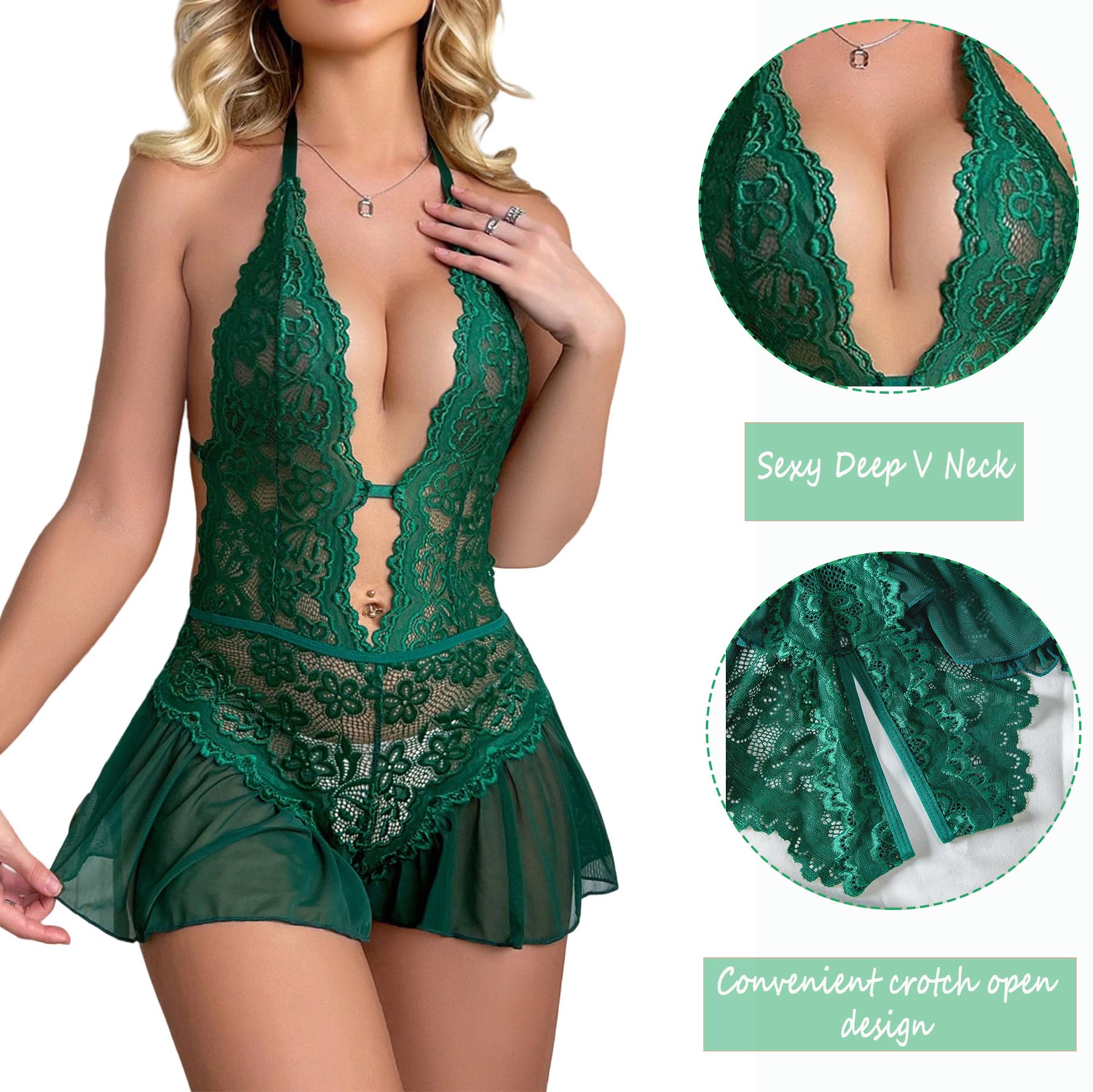 WBDWWTD Nuisette Sexy pour Femme en Dentelle Florale - Body Dos Nu en V Profond - Une pièce Dos Nu - Chemise de Nuit Creuse - Jupe en Maille - Patchwork - Chemise de Nuit pour Femme pour la