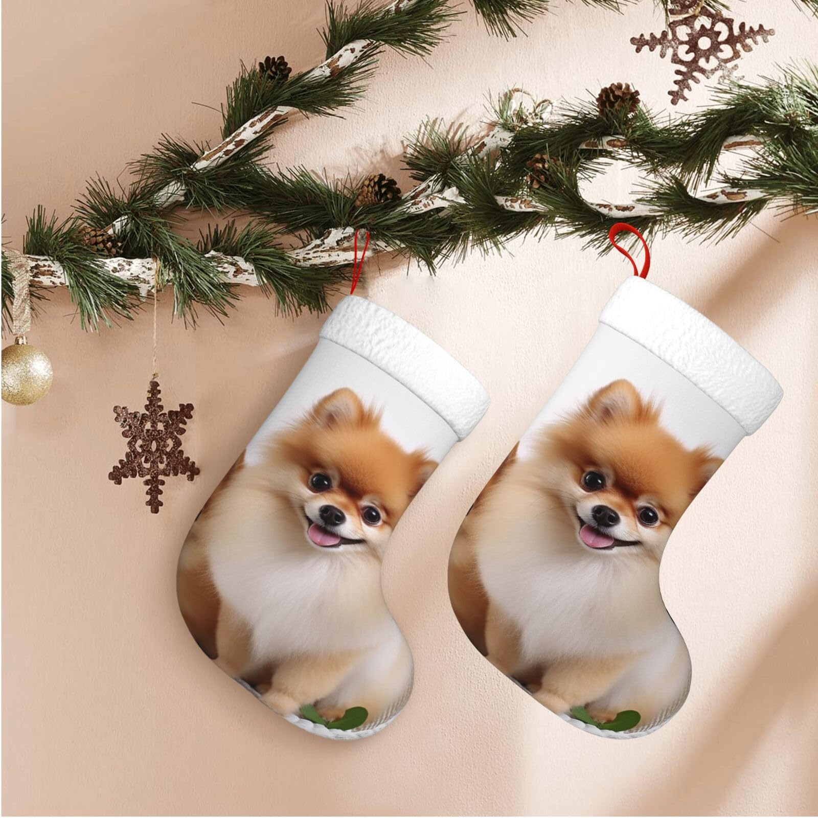 Cute Pomeranian Christmas Stockings Velvet Xmas Fireplace Hanging Stocking with Plush Cuff Rustic Christmas Santa Stockings for Home Christmas Decorations Party Favor Supplies
