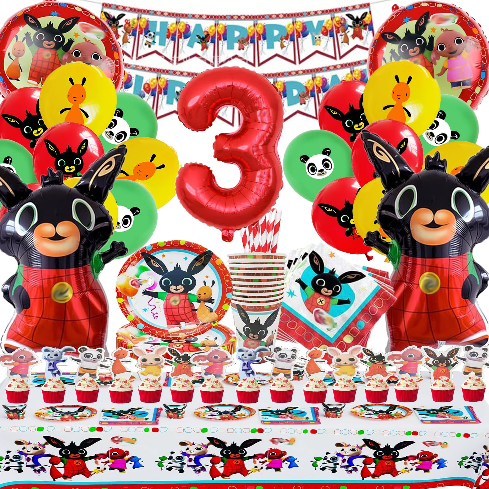 Bing Birthday Decoration 3, 101 Pieces Bing Birthday Decoration Party Accessory Set, Theme Birthday Party Decorations Party Tableware Paper Plates Plates Banner Napkins Paper Tableware