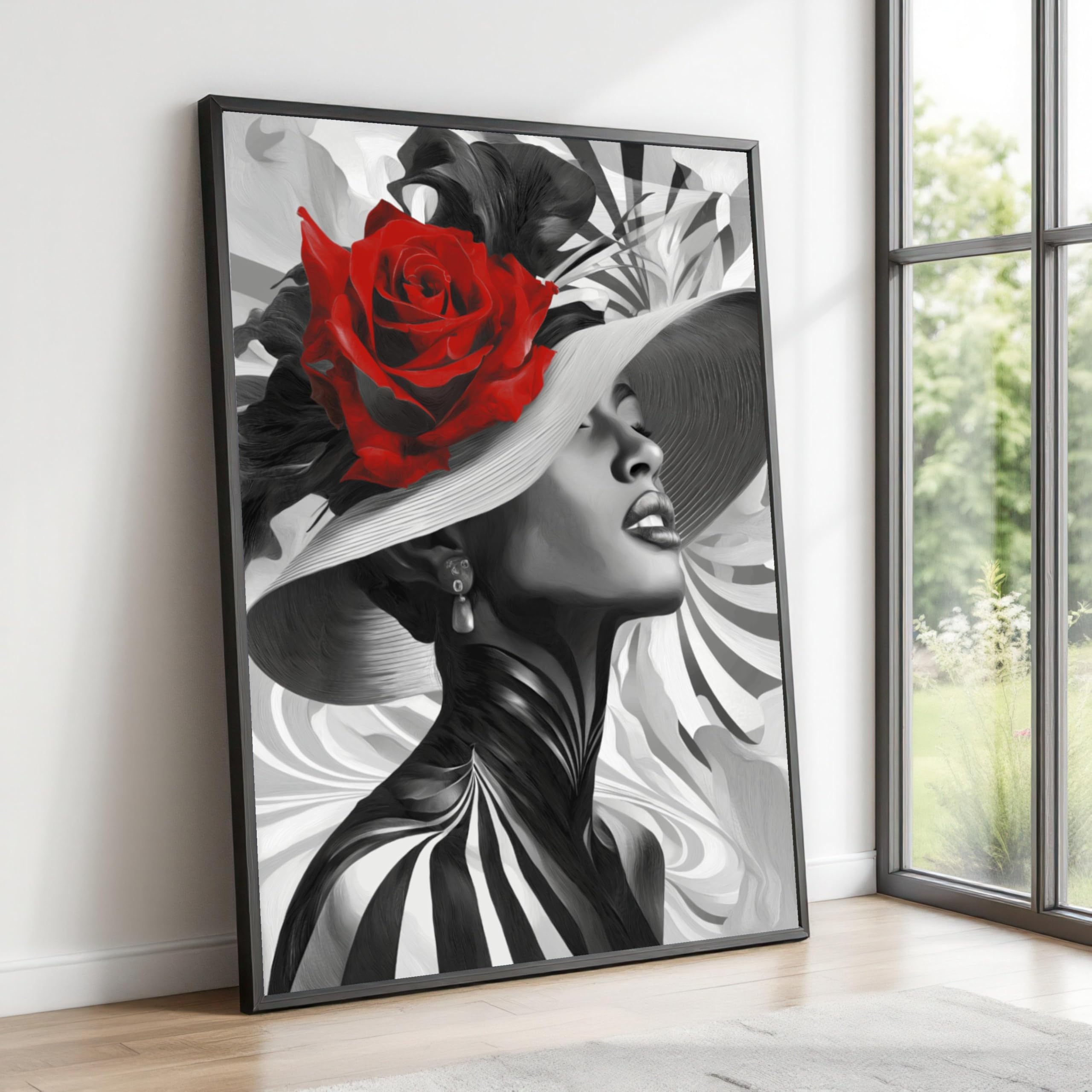 XINBAO Woman in Wide Brim Hat with Red Rose Canvas, Black White Portrait Art, Floral Pictures Wall Decor, Canvas Print Painting(60x80cm/Frameless)