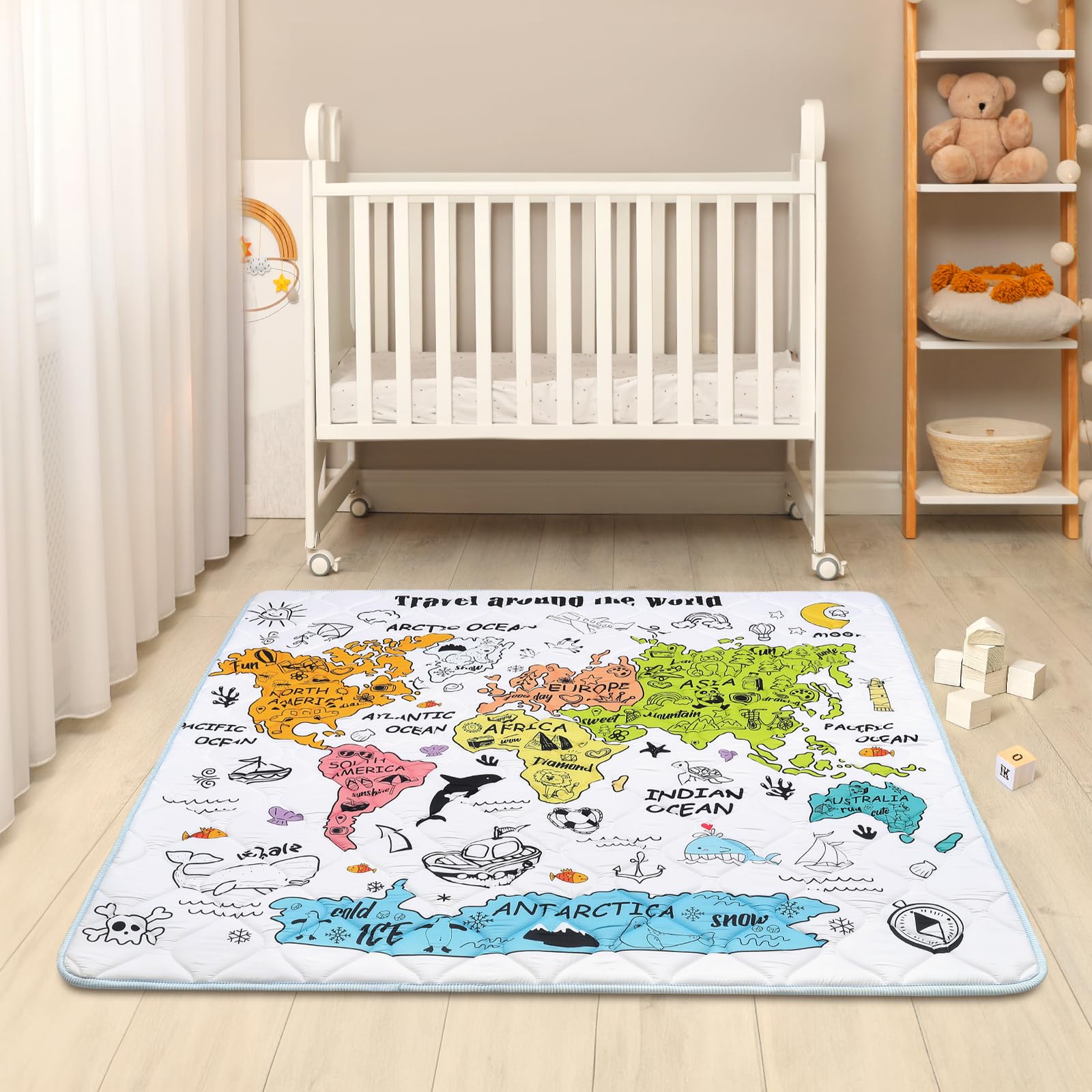 Tapis de Jeux Bebe Pliable, Épaissi 2cm Tapis d'eveil Bebe 127×127cm, Lavable en Machine, Antidérapant Tapis sol Bebe Tapis Chambre Enfant Applicable à Intérieur/Extérieur/Clôture(Carte du monde)