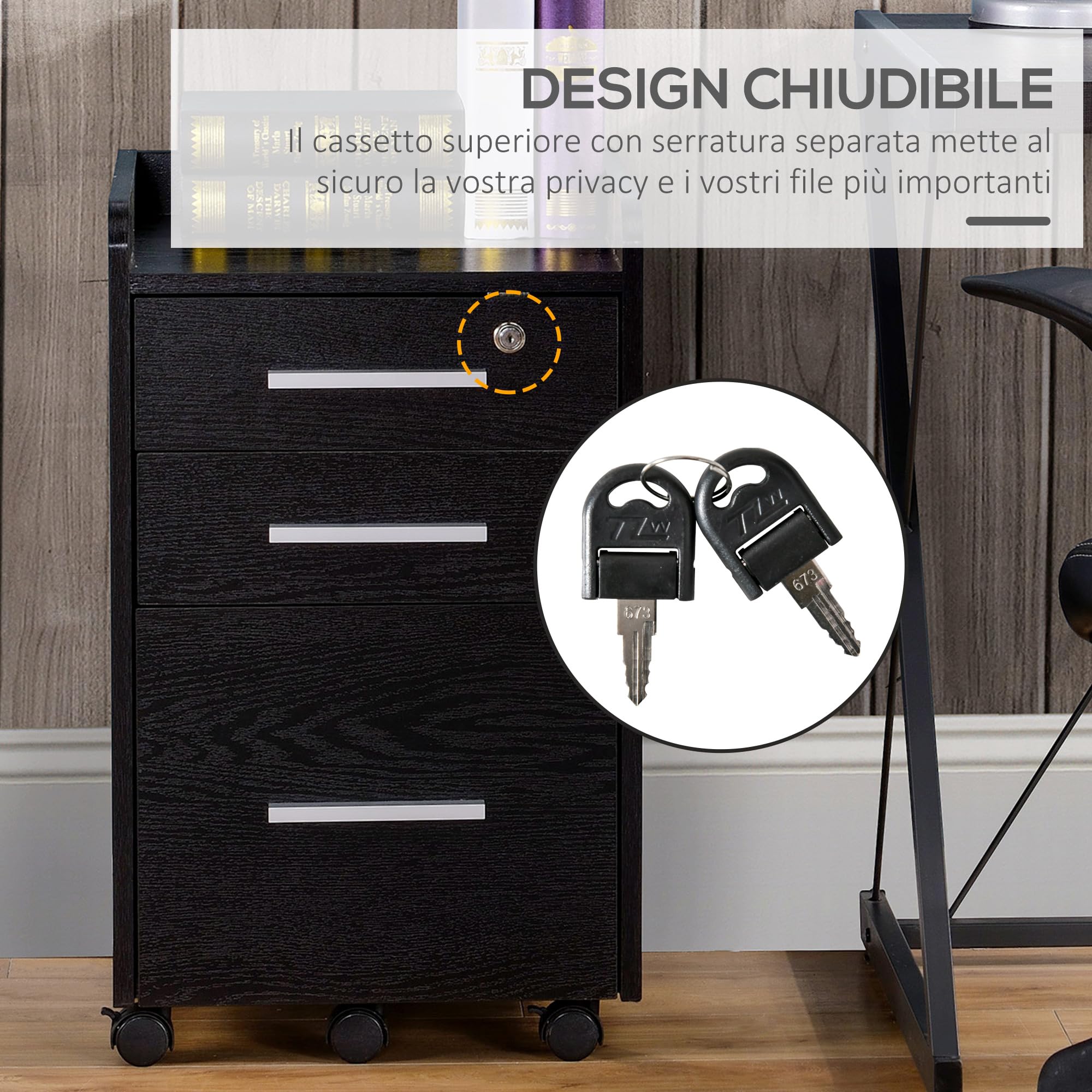 HOMCOM Schedario da Ufficio con 3 Cassetti, 5 Ruote, Cassettiera Ufficio con Serratura e 2 Chiavi per Lettera/Legale/Formato A4, Armadietto Verticale per Studio, 39.2x40x65.4 cm, Nero