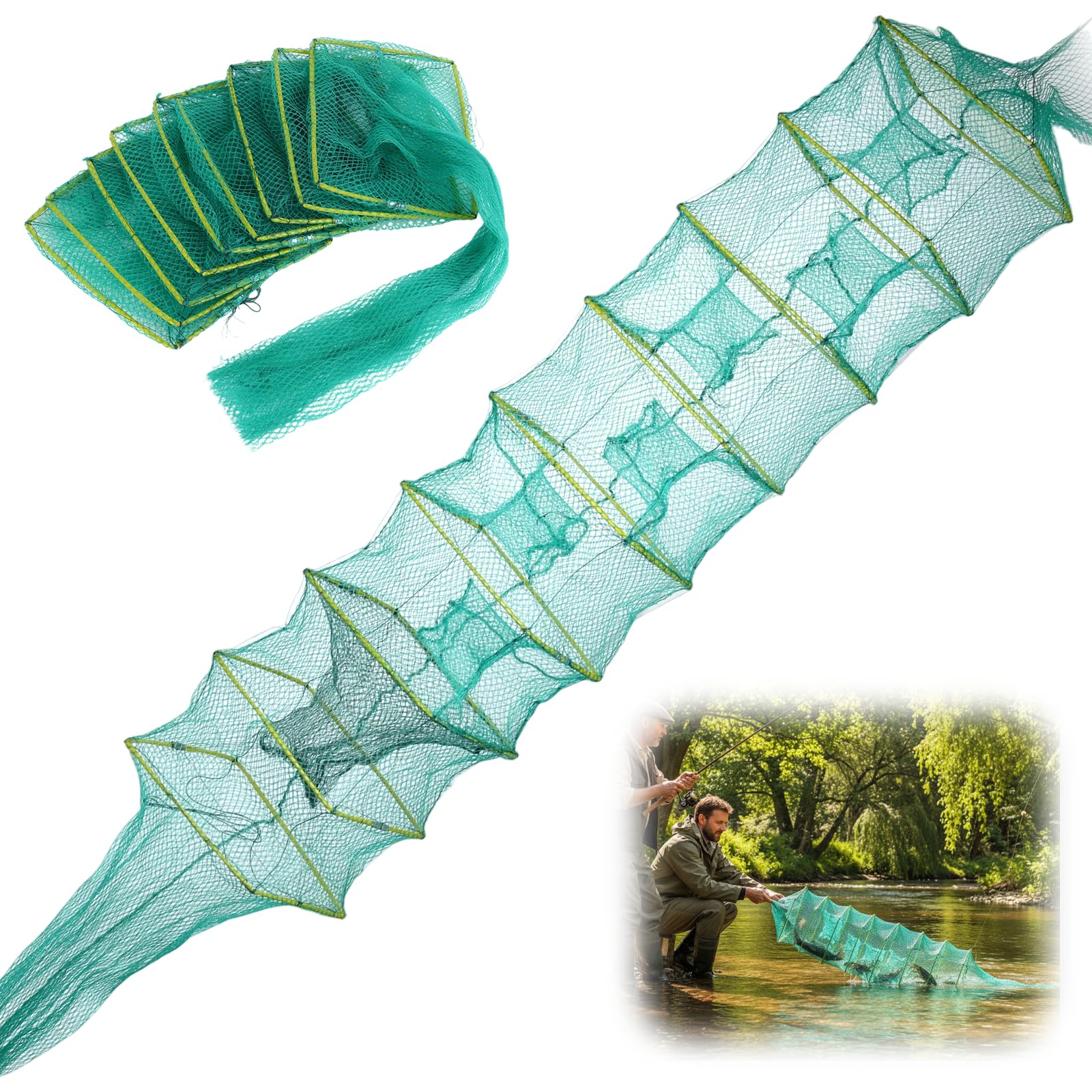 Fischreuse Faltbare Krebsreuse Set,Aalreuse mit Fischernetz, Praktische Reuse Fisch, Kescher Angeln für Teich, Fluss, See zum Fangen von Aalen, Krebschen, Garnelen, Kleinfischen