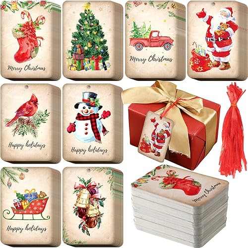 Paquete de 120 etiquetas de Navidad vintage con cinta roja, etiqueta de papel para regalo de camión, etiqueta marrón para envoltura de Navidad,