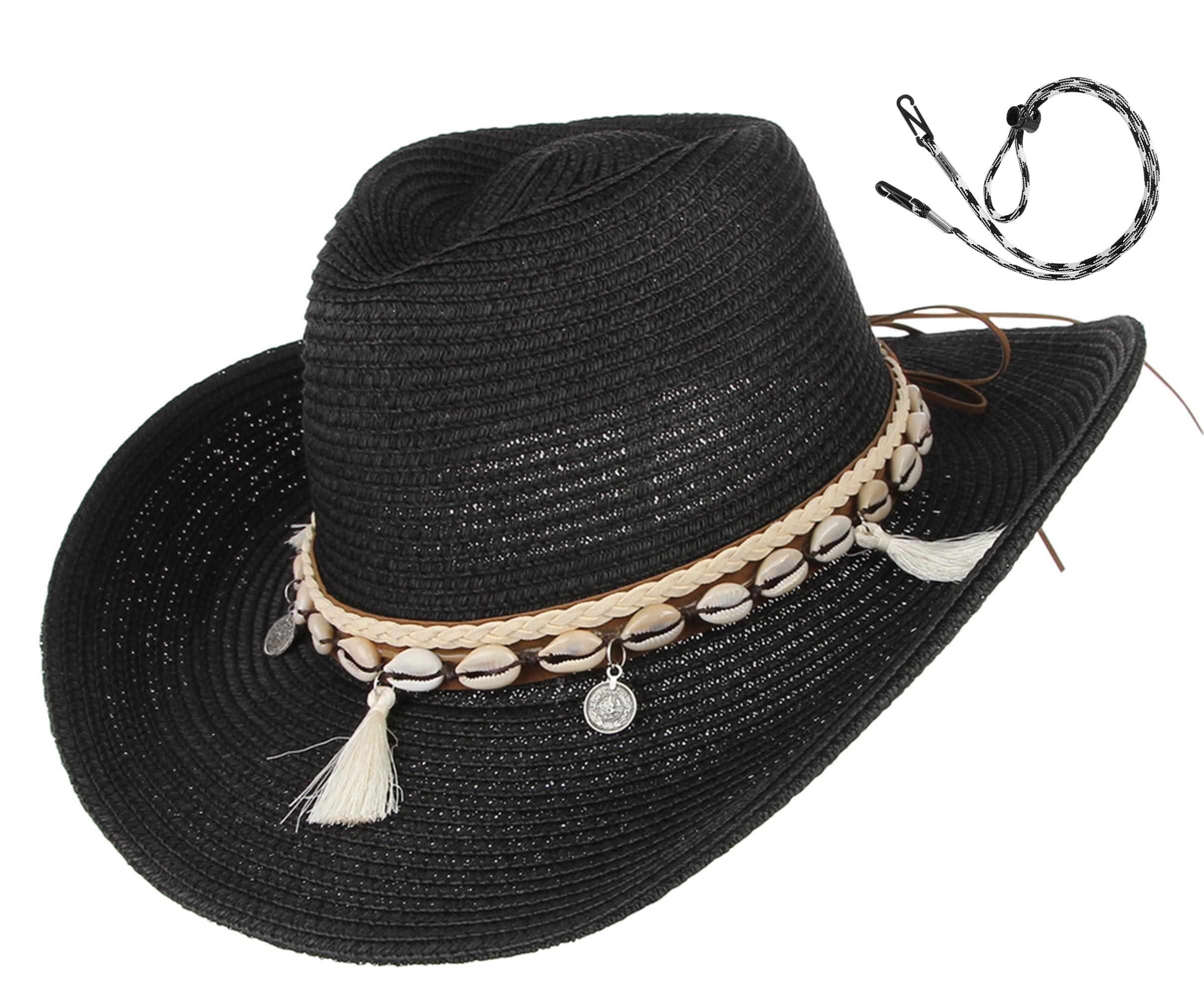 GEMVIE Women's Summer Straw Cowboy Cowgirl Hat Sun Hats Wide Brim Beach Holiday Straw Hat with Shell Band Black
