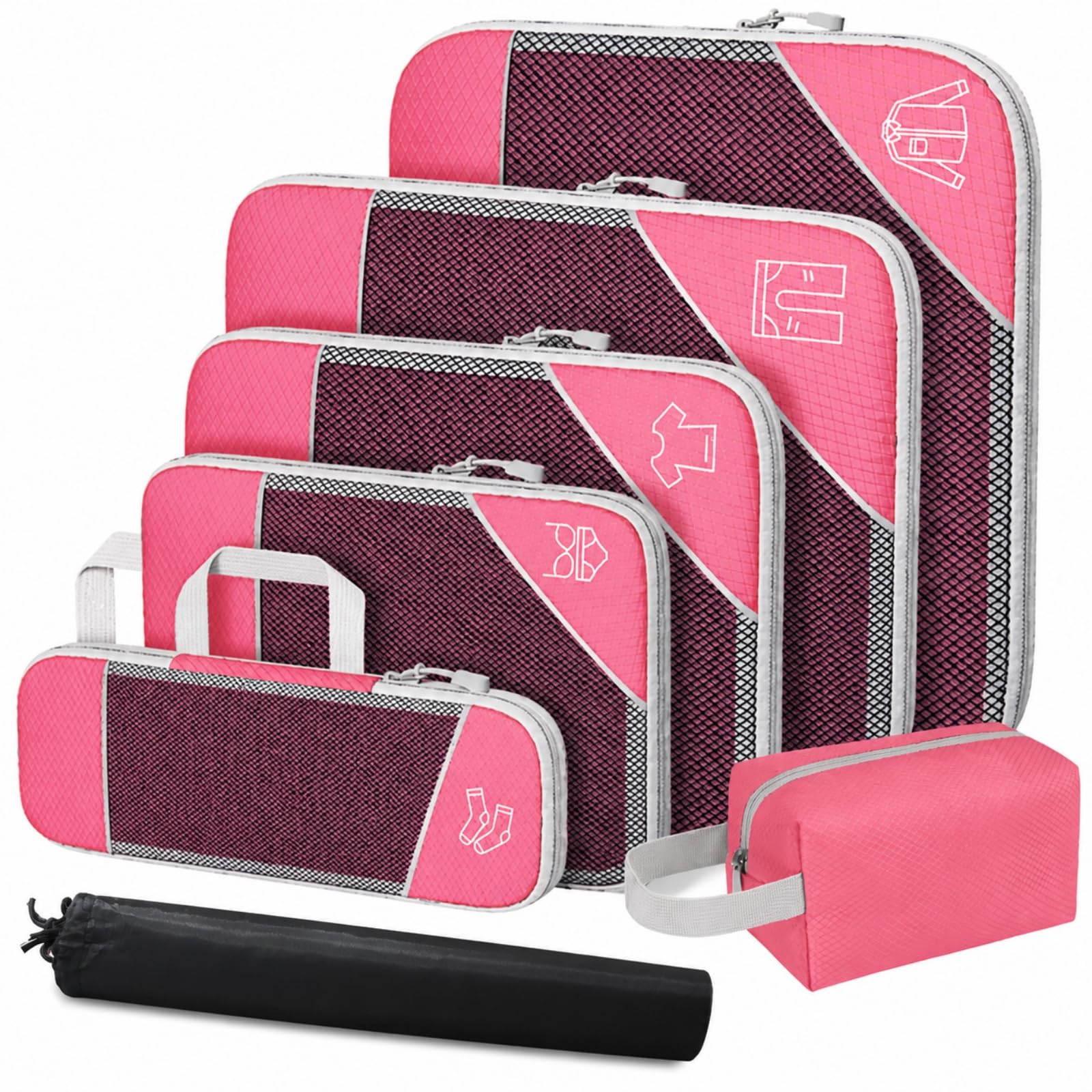 7 èces Organiteur Compreion Travel En Nylon Robuste Kit Rangement Pochtes à Fermure É c à Chauures Travel, Rose