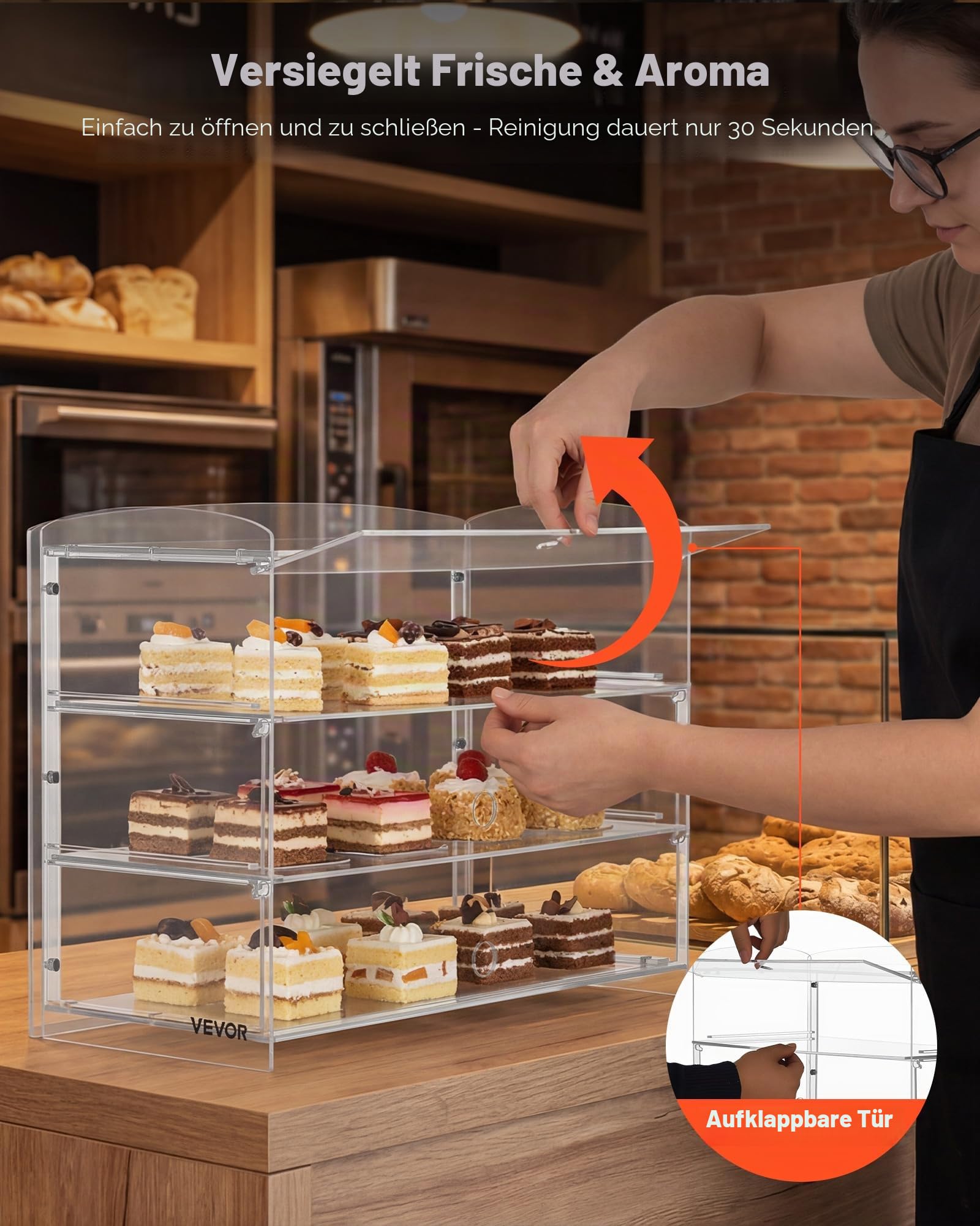 VEVOR Gebäckvitrine 3-stöckig, Gewerbliche Bäckereivitrine aus Transparentem Acryl, Thekenvitrine mit Klapptür & Abnehmbarer Trennwand für Kekse, Desserts und Donuts, 482 x 232 x 380 mm