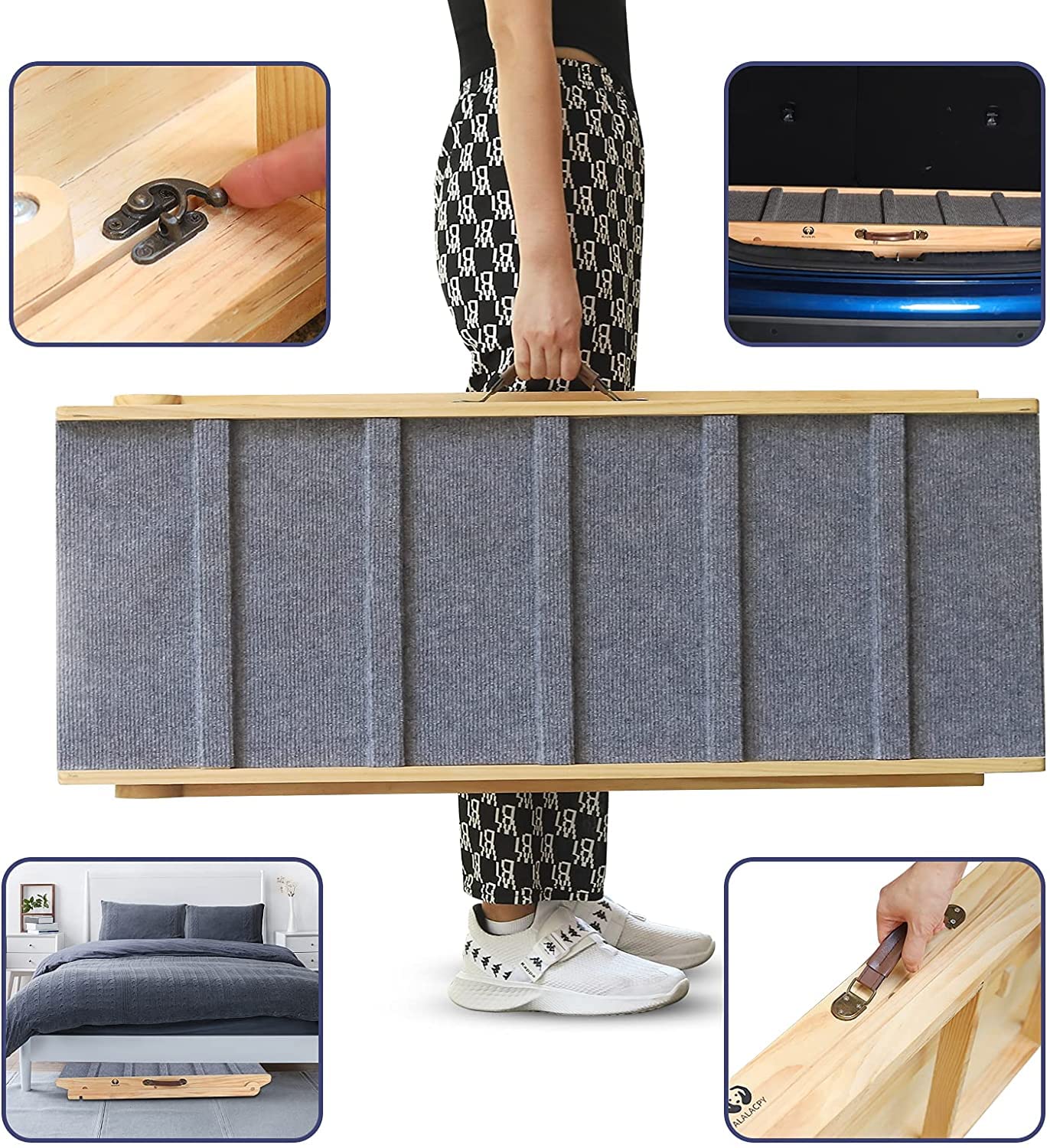 High Traction Dog Ramp, Folding Portable Wooden Pet Ramp for All Small Large Animals - 42" Long and Adjustable from 14” to 26” - Rated for 200lbs - Lightweight Dog Car Ramps for SUV, Bed, Couch