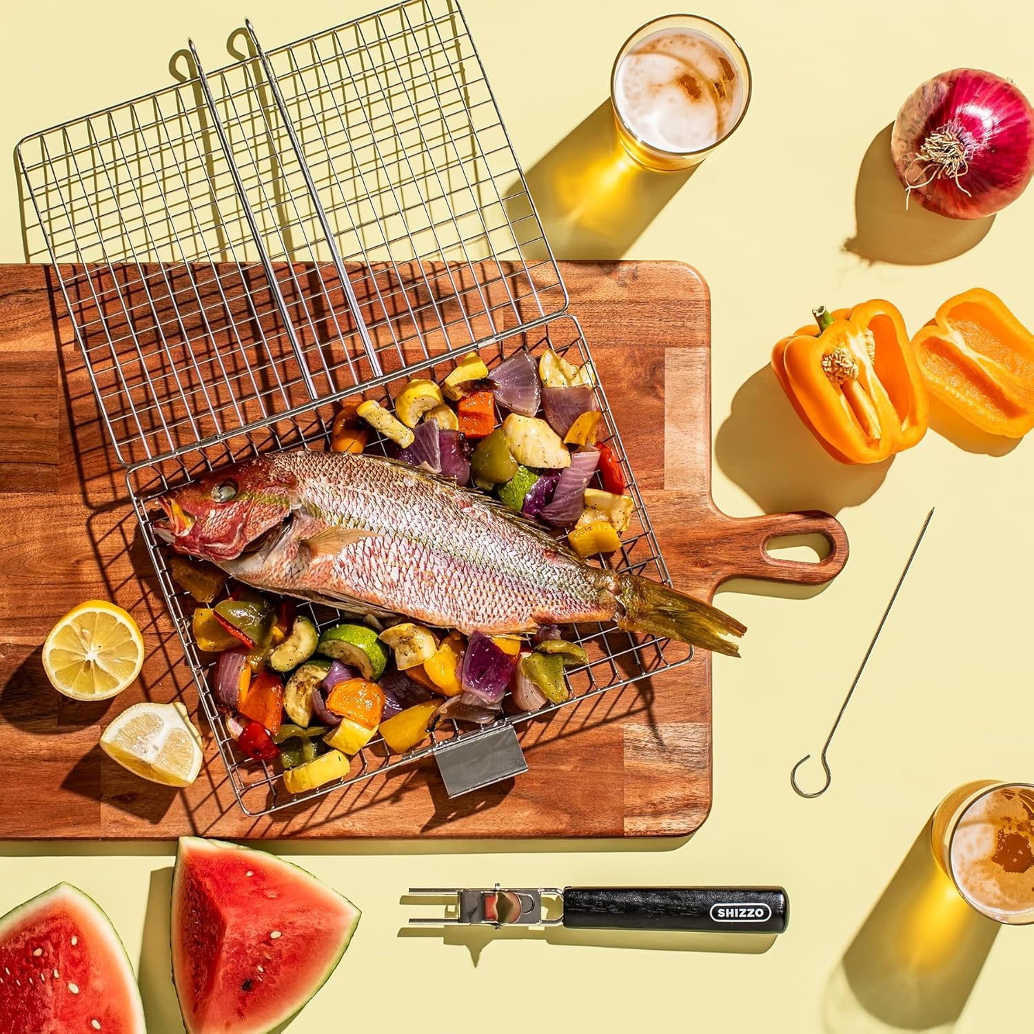 SHIZZO Grillkorb, Barbecue-Bbq-Grillkorb, Große Faltbare Grillkörbe Aus Edelstahl Mit Griff, Tragbarer Outdoor-Camping-Grillrost Für Fisch, Garnelen, Gemüse