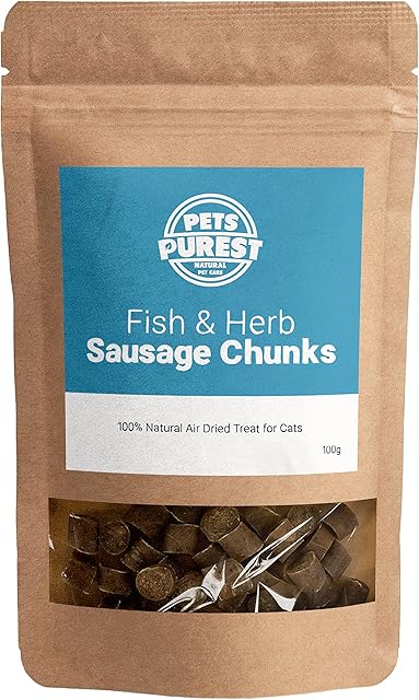 Pets Purest 100% Natural Cat & Kitten Treats 100g - Air Dried Fish & Herb Sausage Chunk Bites and Low Fat Hypoallergenic Health Snack - Grain, Gluten & Lactose Free Cat Food Meat