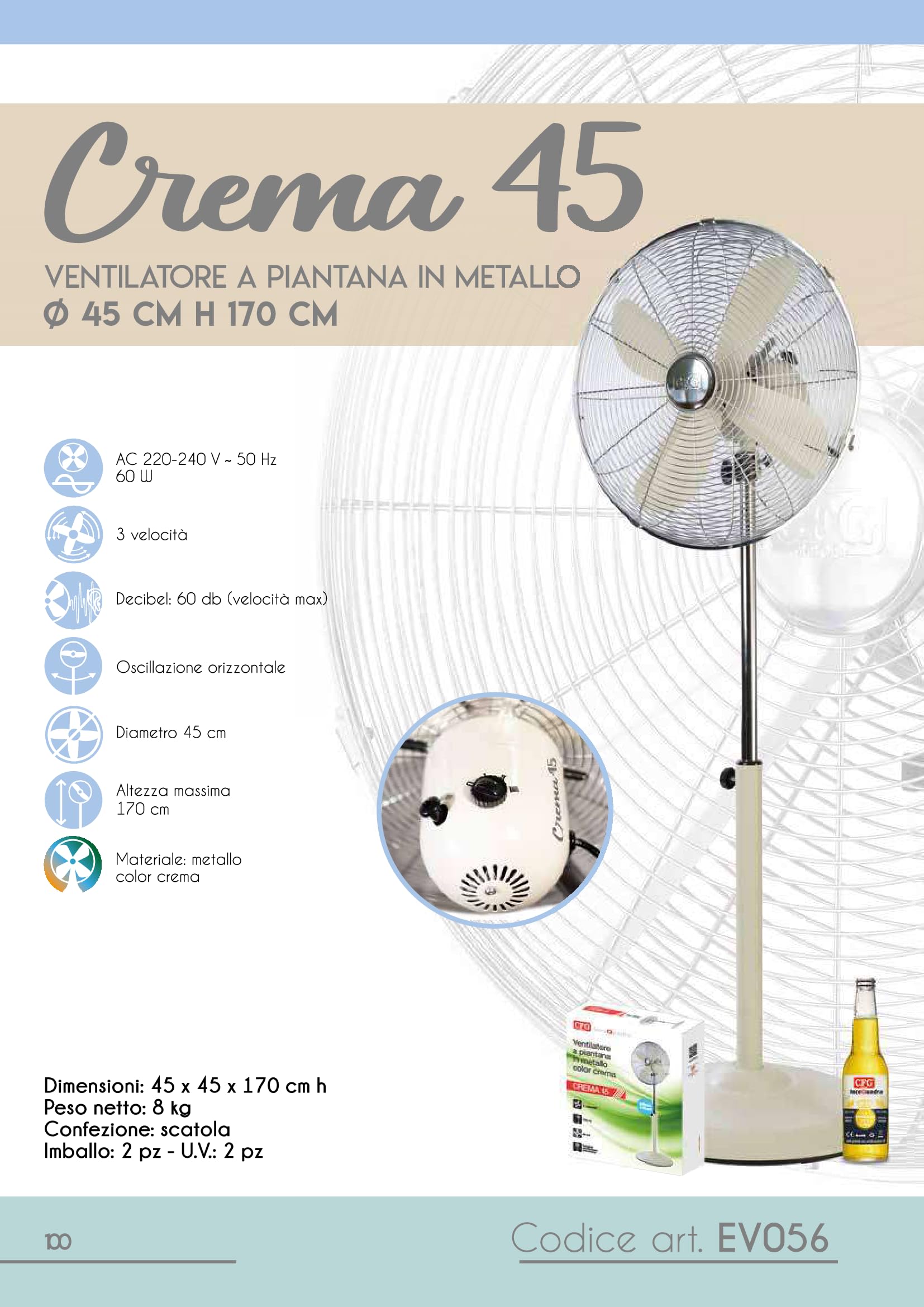 Generico Ventilatore a Piantana EV056 in Metallo Ø45 cm, 60W, 3 Velocità, Oscillazione Orizzontale, Altezza 170 cm, Base Stabile, Colore Crema