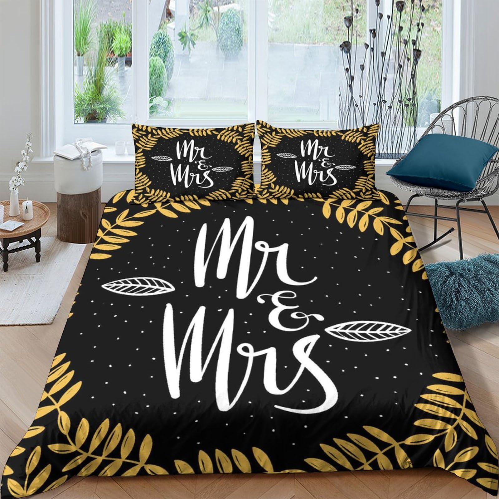 GPLZQXKJNH 3D Printed Mr & Mrs Duvet Cover Set Microfiber Black Gold Leaves Bedding with 2 Pillowcases for Bedroom Decor Single（135x200cm）
