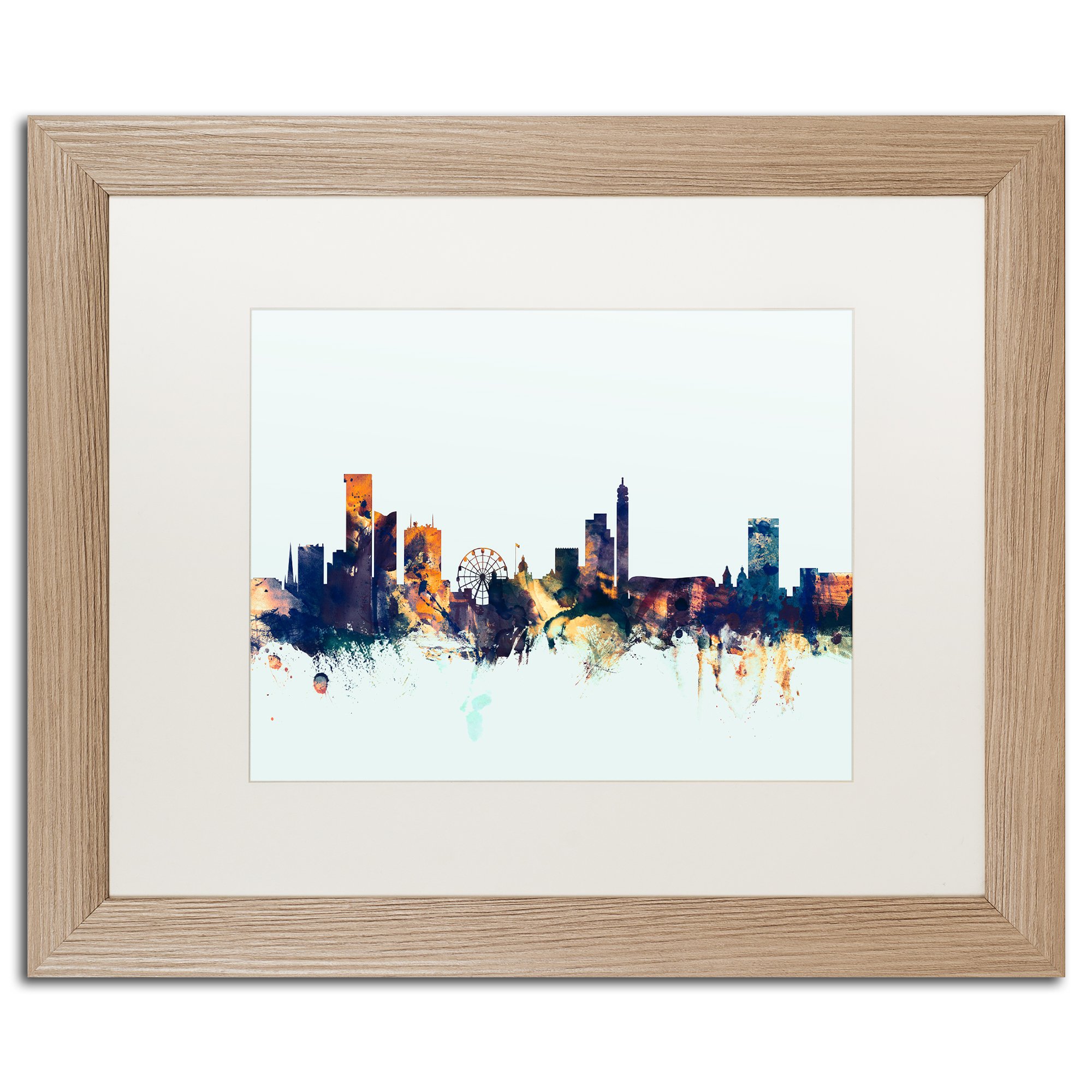 Birmingham Skyline Blue by Michael Tompsett, White Matte, Birch Frame 16x20-Inch