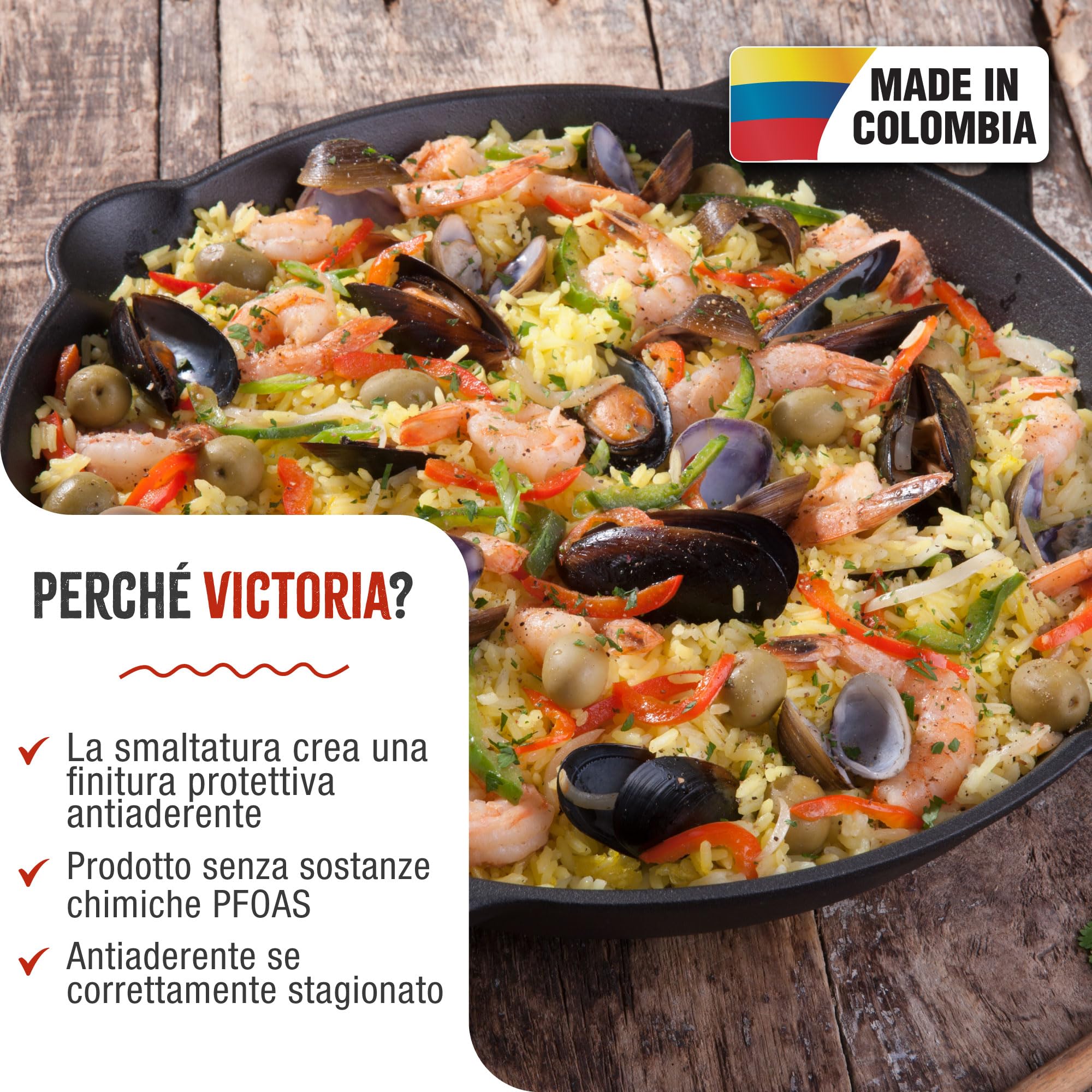 VICTORIA Padella per Paella in Ghisa Smaltata Induzione da 33cm, Adatta per, Fuoco, Barbecue, Forno, Vetroceramica e Gas, Cast Iron Skillet Senza Sostanze Tossiche, Senza PTFE e PFOA