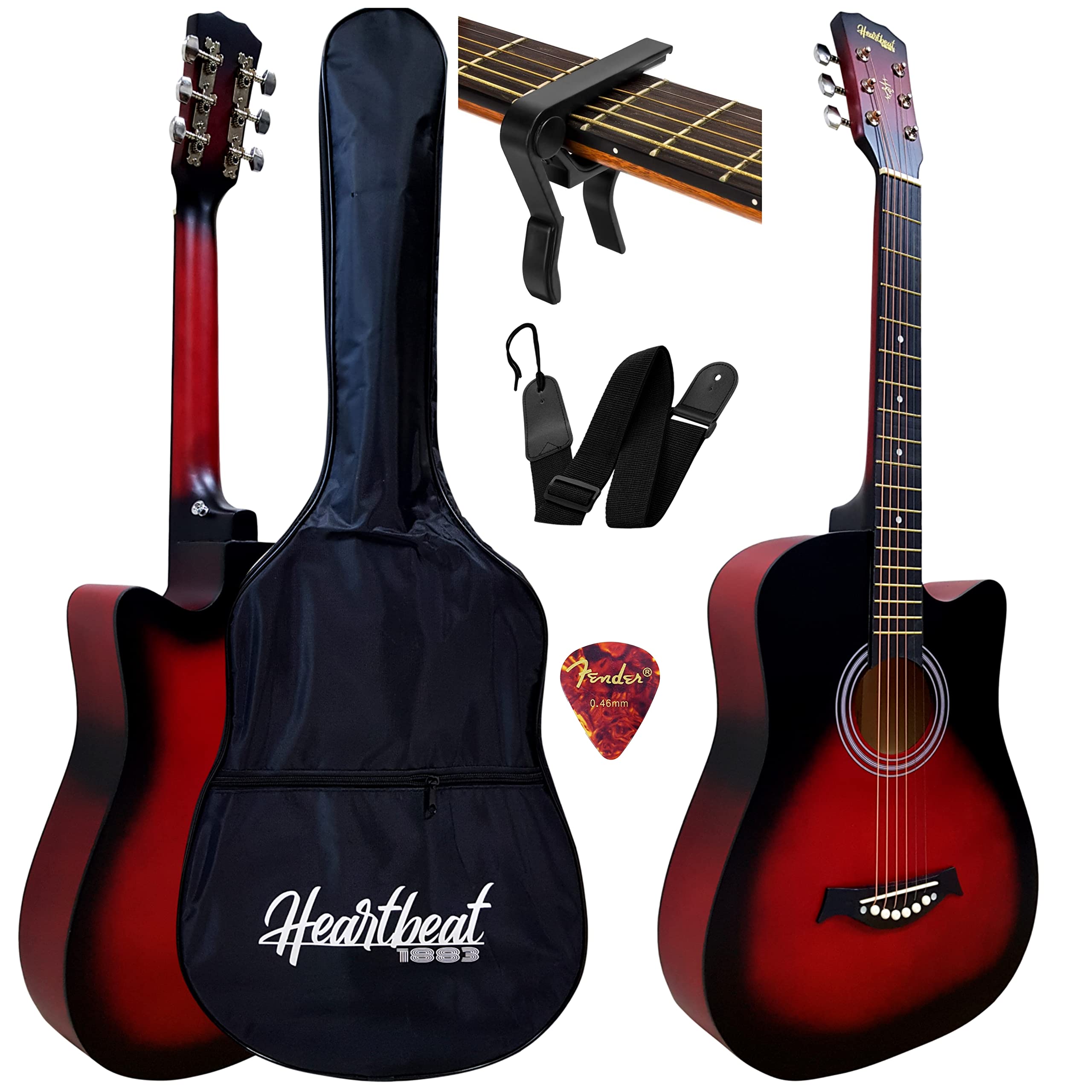 38" Heartbeat Acoustic Guitar Solid Wood, Low Action with Bag, Belt, Pick, Capo.(Matte Red)