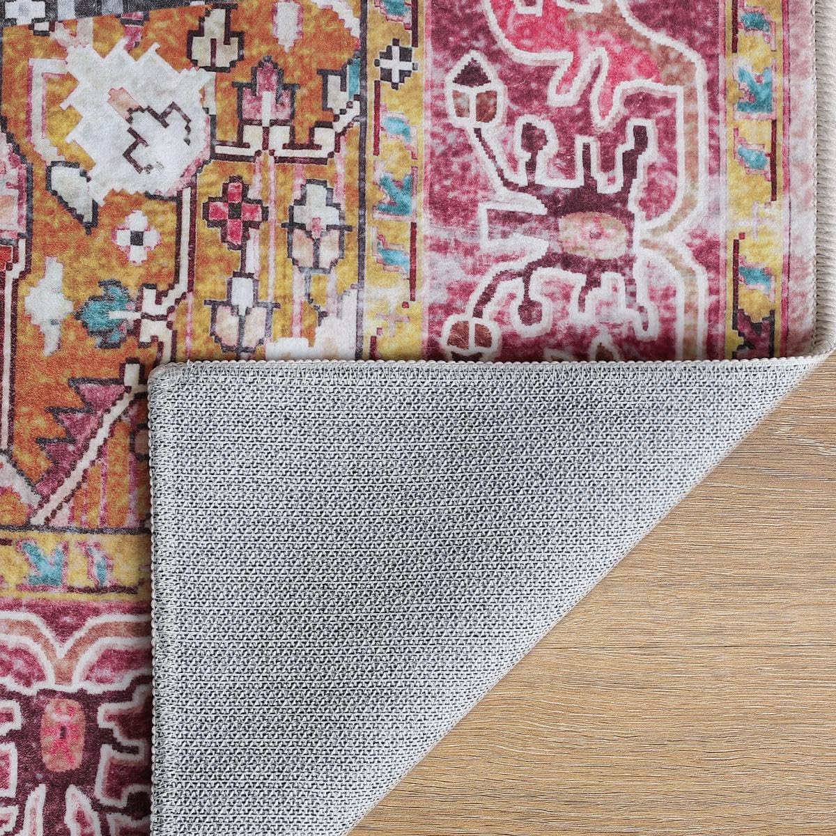 Washable Area Rugs3x5, Low Pile Super Soft Carpet, Vitnage Distressed Rug for Bedroom, Living Room, Dining Room, Non-Slip, Low Pile, Blue, Plum