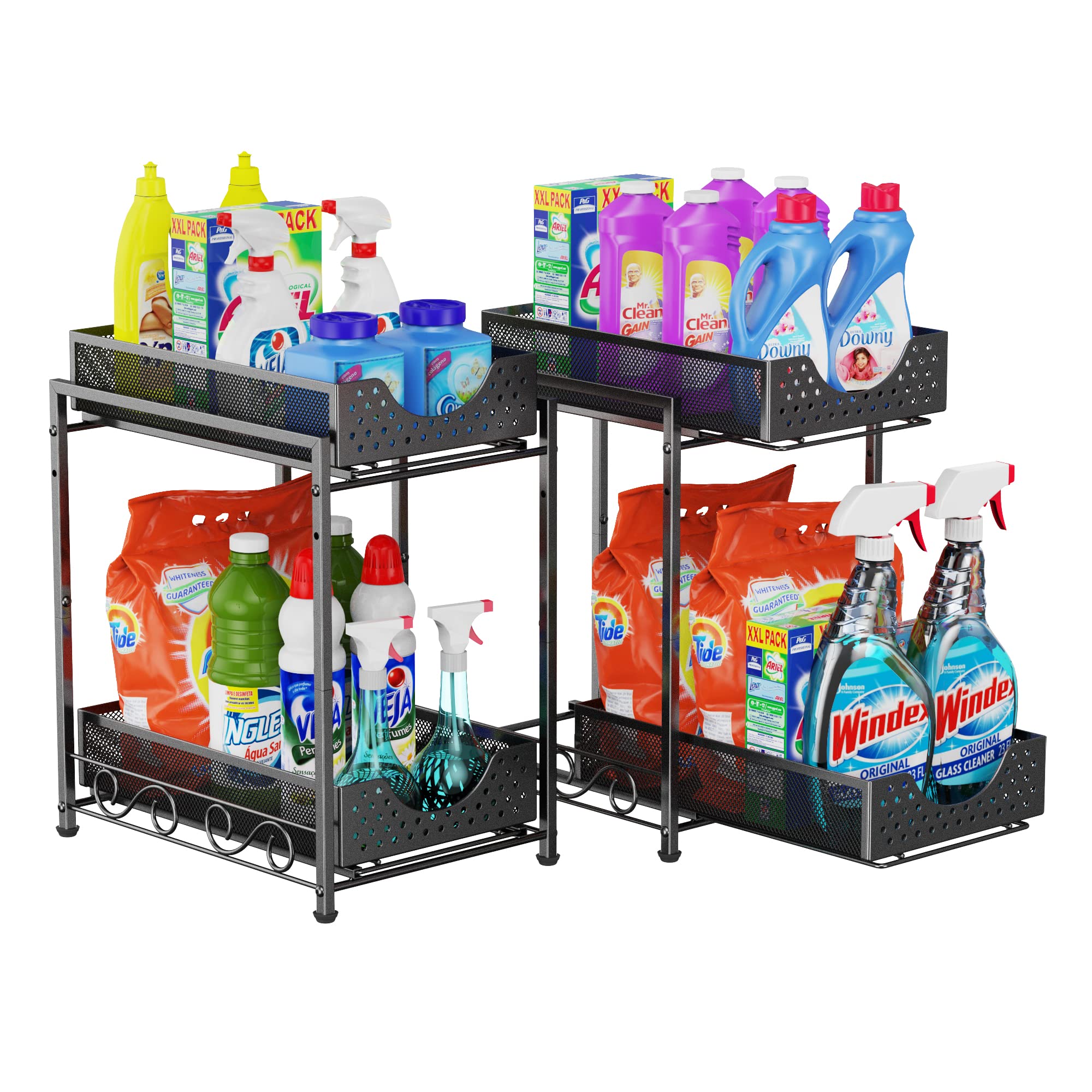 Under Sink Organizers and Storage, Bathroom Cabinet Organizer and Storage, 2 Tier Pull Out Under Cabinet Organizers and Storage, Metal Rolling Kitchen Sink Storage Organizer with Non-slip Feet -2Pack