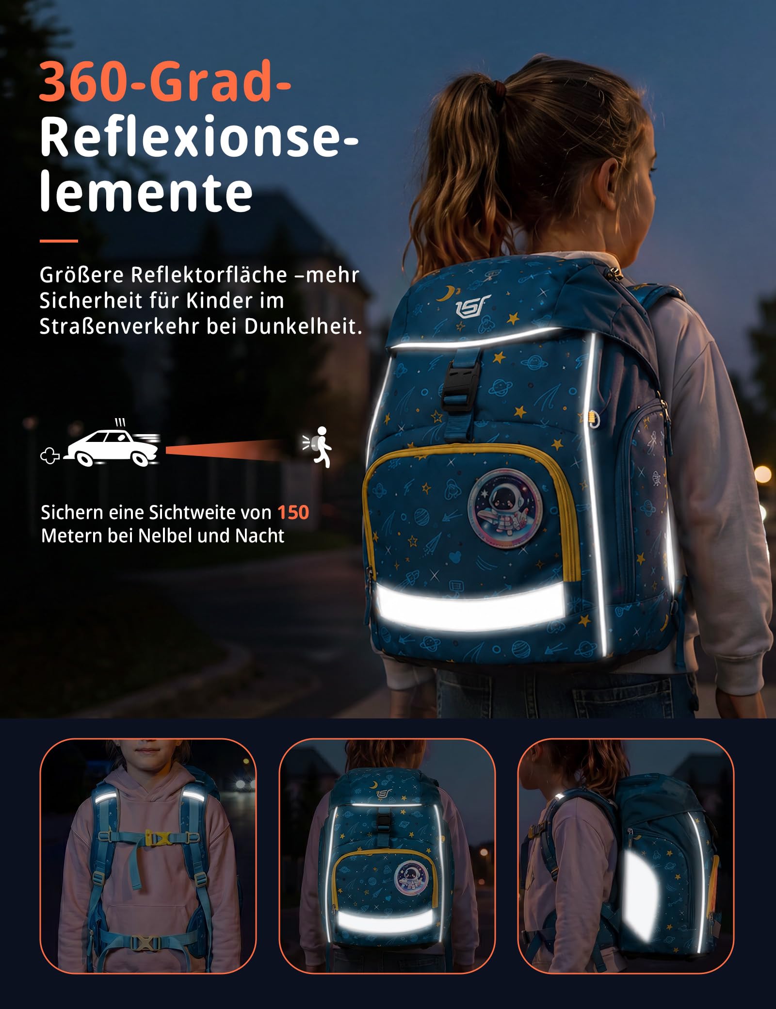 SKYSPER Schulranzen-Set 5-teilig, Schulrucksack Ergonomischer Tragesystem | Schulranzen mit Regenhülle, 360 Grad Reflexstreifen, für Mädchen Jungen Kinder 1. klasse Outdoor Aktivitäten