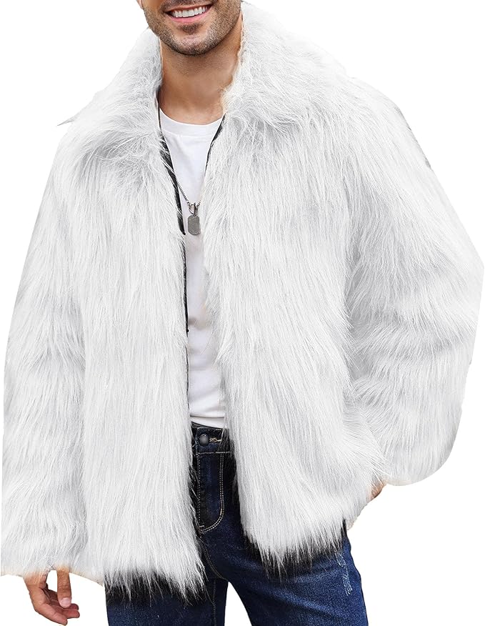 Zylphorix Men Short Lapels Faux Fur Jacket Open Front Cropped