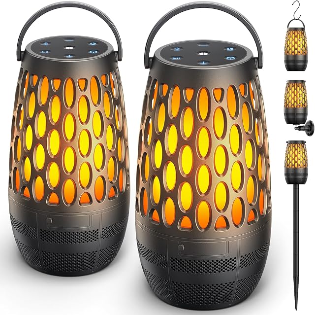 Haut-parleurs extérieurs Bluetooth étanche IPX6 avec lumières de flamme, Cadeaux Gadget pour les hommes/femmes, Son stéréo HD, BT 5.3 Multi-sync à 100 Haut-parleurs, haut-parleur sans fil portable pour Patio (Black Gray)