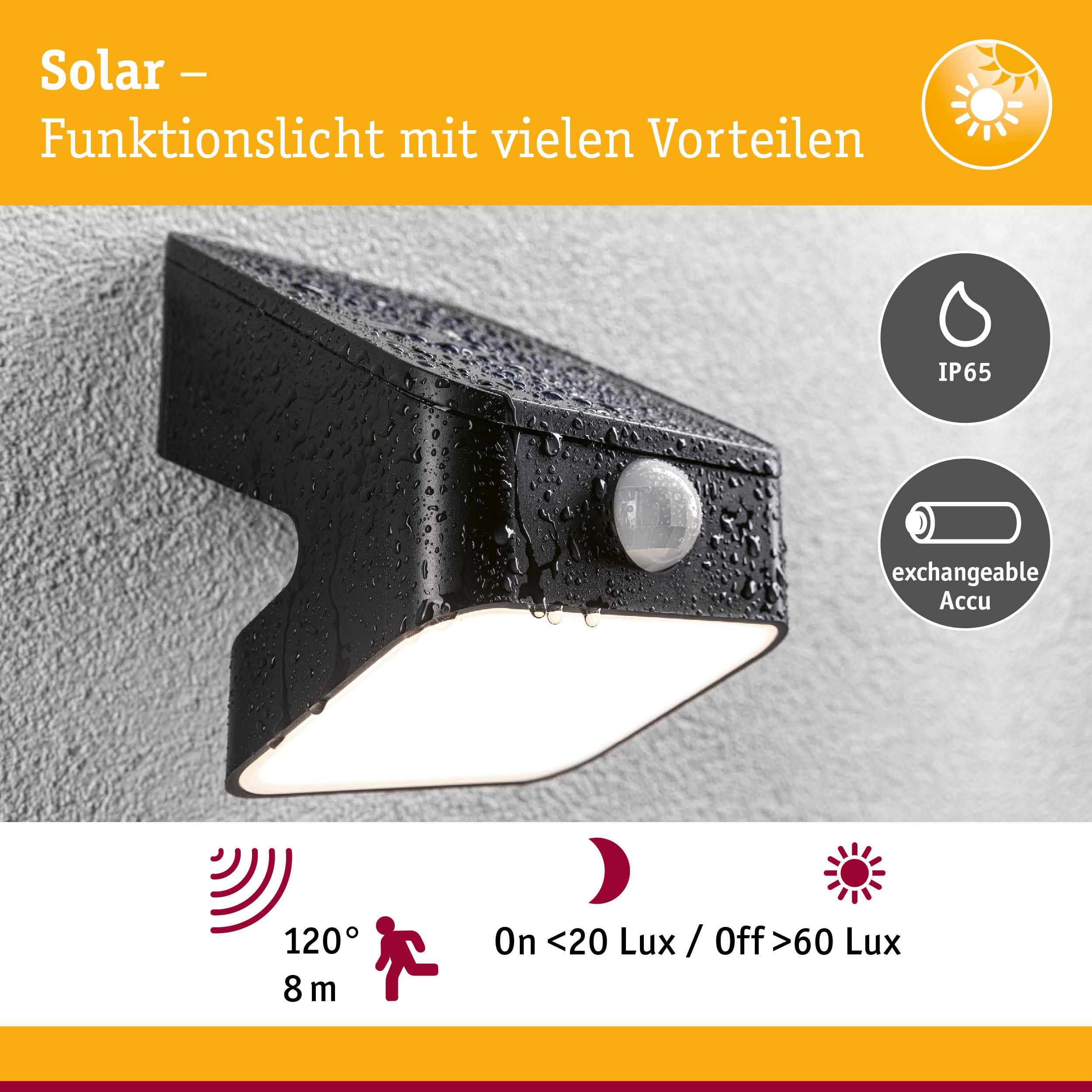 Paulmann 94608 Solarna myjka ścienna LED LeslyTwilight Controlled Motion Detector (IR) IP65Square 113x126mm3000K 5,5W 400lmantracyt plastik
