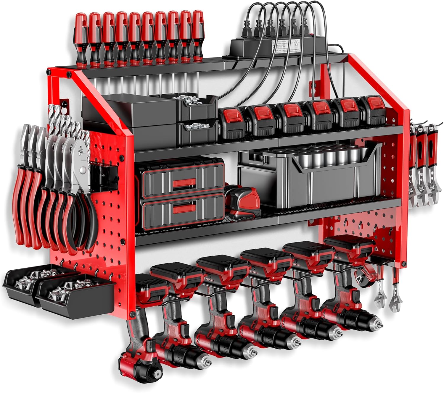 LBT Power Tool Organizer With Charging Station,Patented,Heavy Duty Steel,6 Drilling Rig Sizes With Hooks And Screw Boxes,6 sockets,Easy To Install Garage Storage Rack,Great Gift For Men, Red