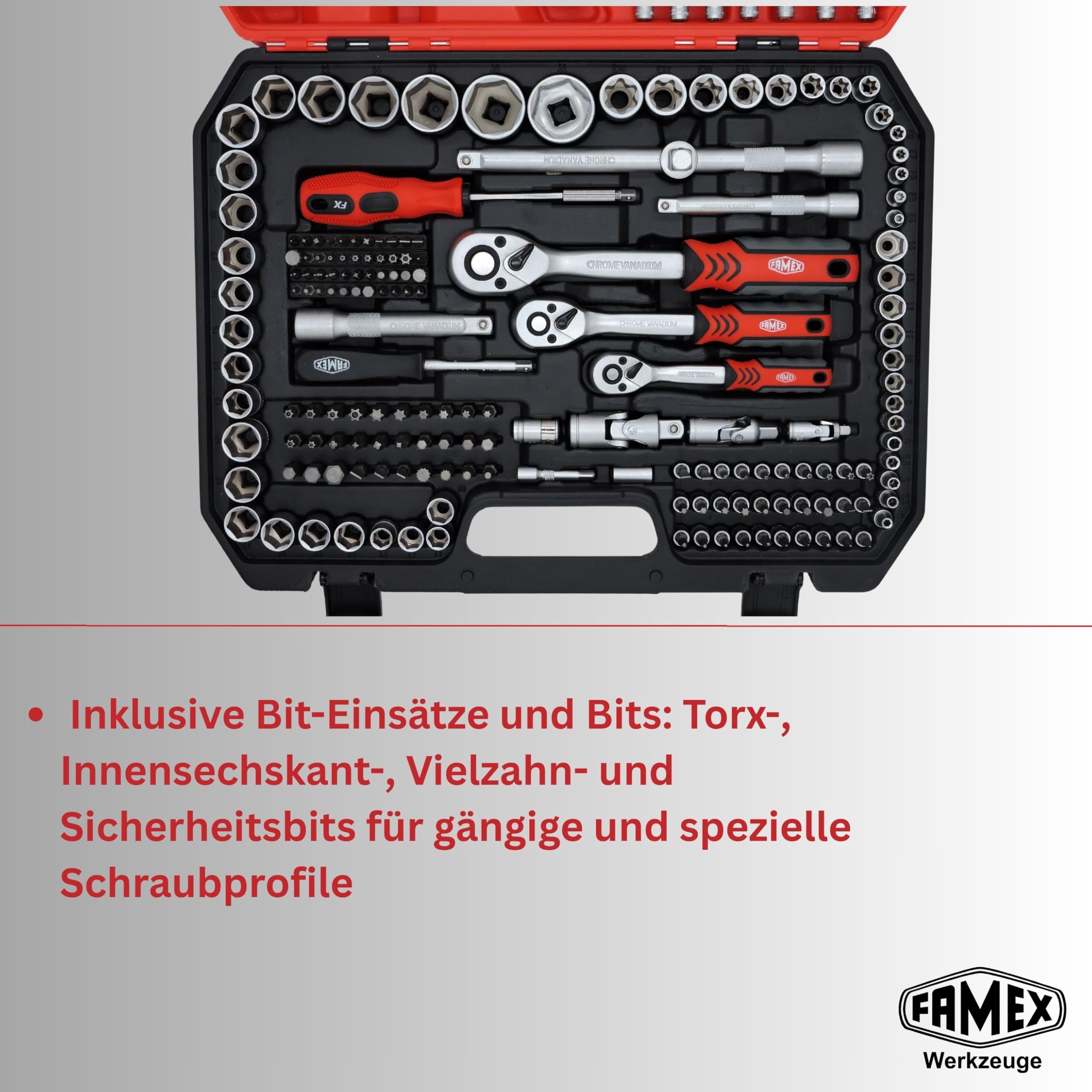 FAMEX 555-50 Steckschlüsselsatz 219-tlg. - 1/4 Zoll, 3/8 Zoll, 1/2 Zoll - alle Werkzeuge CV-Stahl - Werkzeug Set mit 3 Feinzahnknarren - Ratschenkasten, Ring-Maulschlüssel DIN 3113, Stecknüsse, Bits