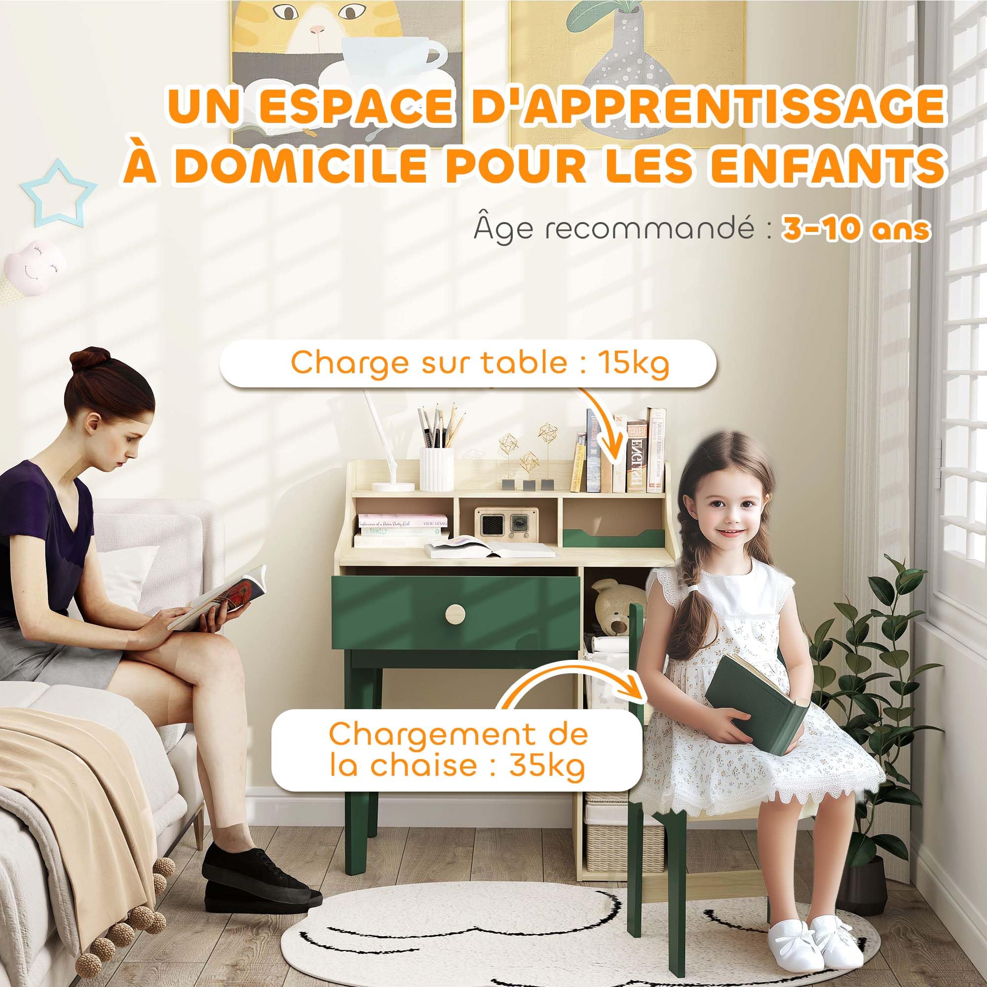 AIYAPLAY Ensemble Bureau et Chaise pour Enfant 3 à 10 Ans, Bureau Enfant Garçon Fille avec Chaise et Étagères, Table pour Étude et Travail, Vert et Bois Naturel