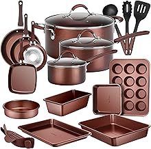 NutriChef 20-Pc. Nonstick Kitchen PTFE/PFOA/PFOS-Free Heat Resistant Silicone Handles Cookware Bakeware Set w/Saucepan, Frying Pans, Cooking, Oven Pot, Lids, Utensil, Brown-NCCW20SBR, One Size, Brown