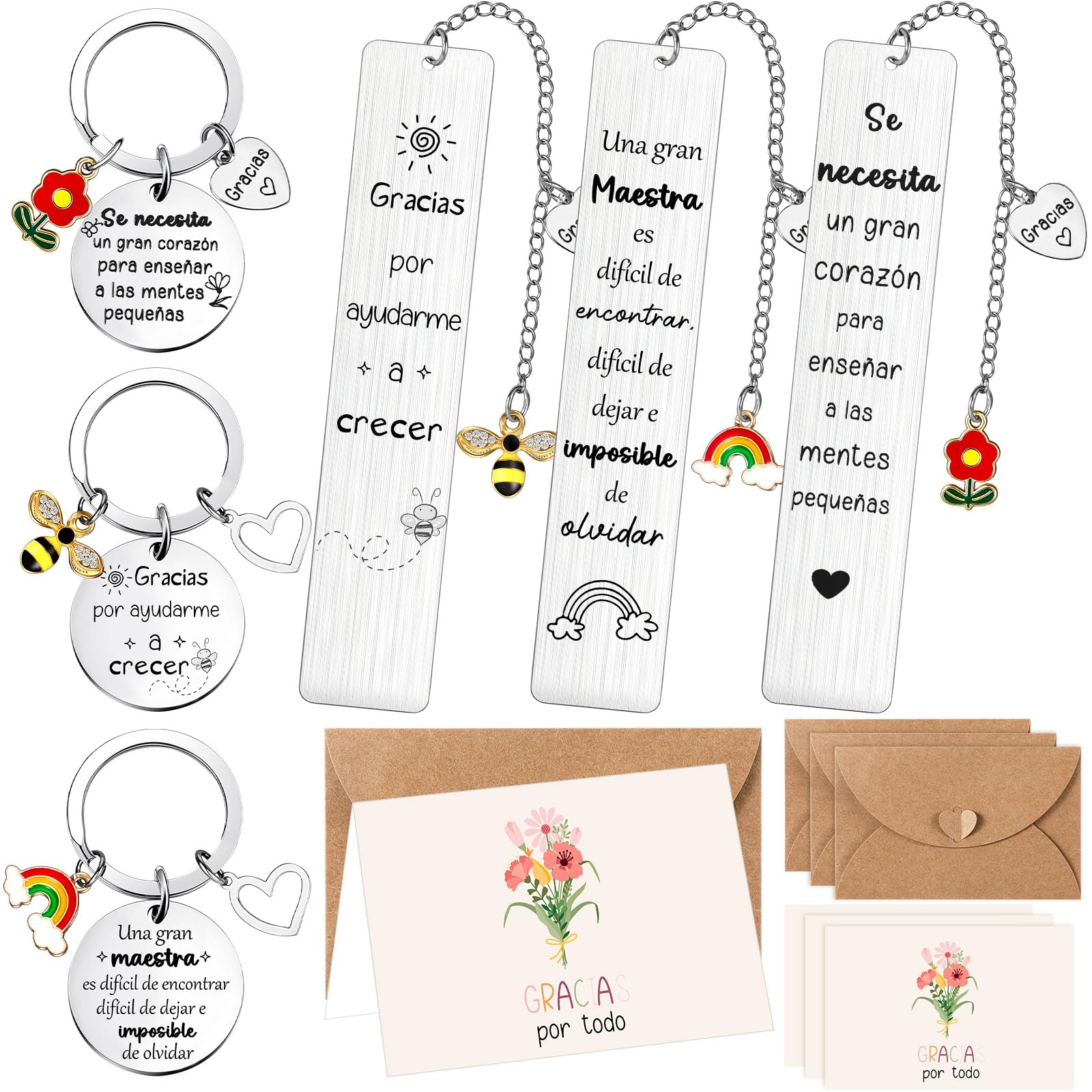 Jadive 3 Sets Regalo Maestra Primaria 3 Marcapáginas Profesora Marcadores de Libros de Acero Inox 3 Llaveros 3 Tarjetas 3 Sobres Kraft Detalles para Profesores Fin Curso Graduación Cumpleaños