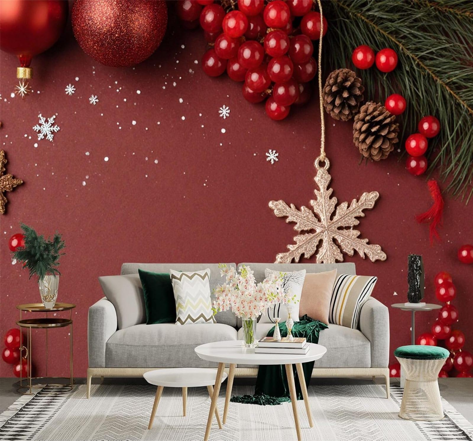 XLMING Creative Red Snowflakes Red Berries Pine Cones Glitter Decorations 3D Wallpaper Premium Textured Silk Study Dining Living Room Bedroom Sofa TV Wall Easy Install-350cm×256cm
