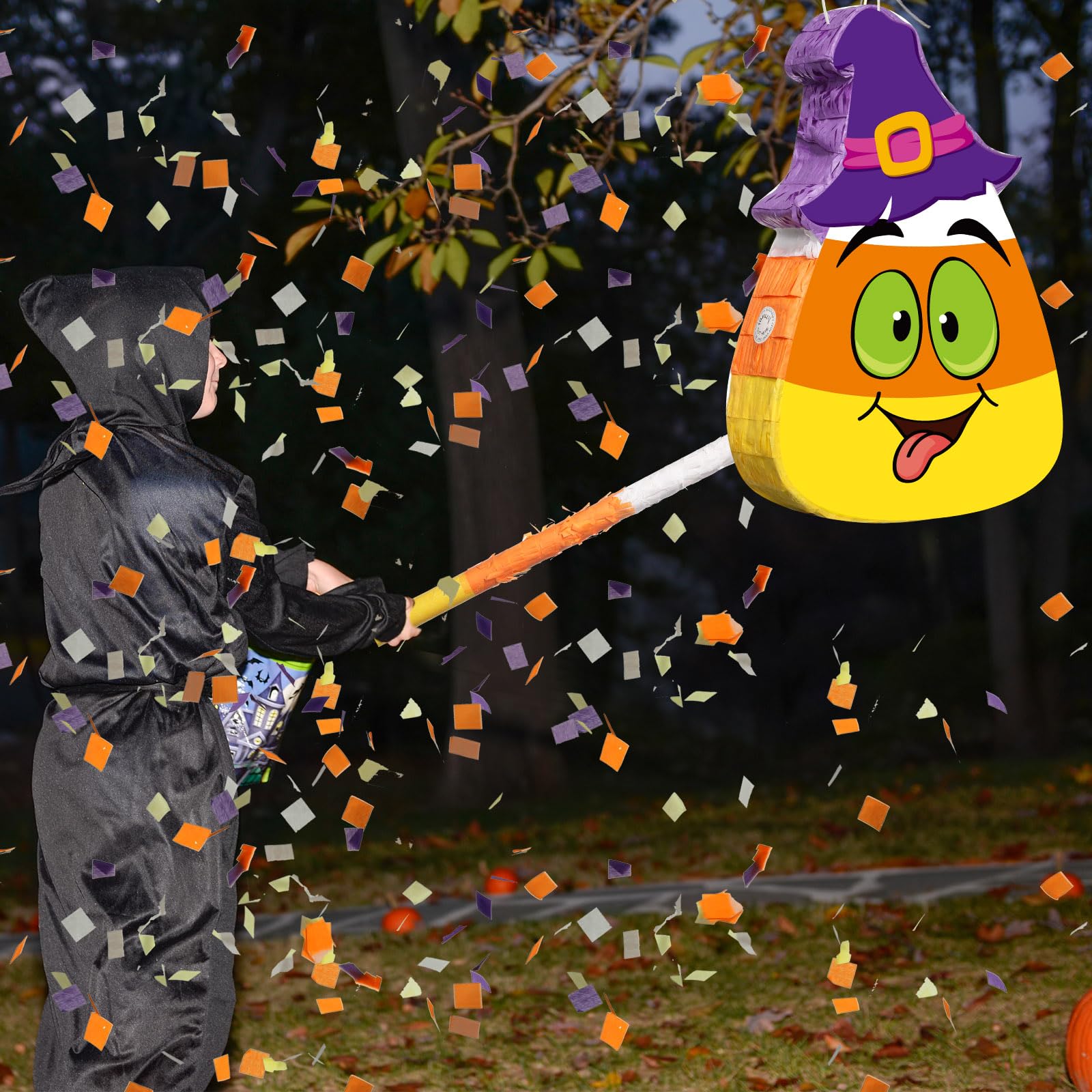 Aoriher Piñata de Halloween Piñata de Maíz Dulce con Set de Confeti Palo y Venda de Ojos Piñata para Rellenar Dulces con Tema de Halloween Truco o Trato Piñata Mexicana para Juego de Fiesta Halloween