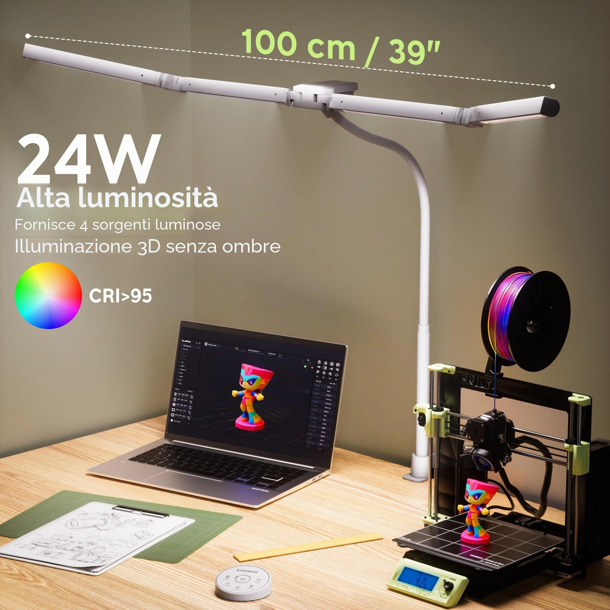 EYOCEAN Lampada da scrivania, lampada da scrivania con 4 sorgenti luminose, 24 W, 100 cm, luce diurna da scrivania con telecomando, lampada da monitor dimmerabile, a collo di cigno, lampada da tavolo
