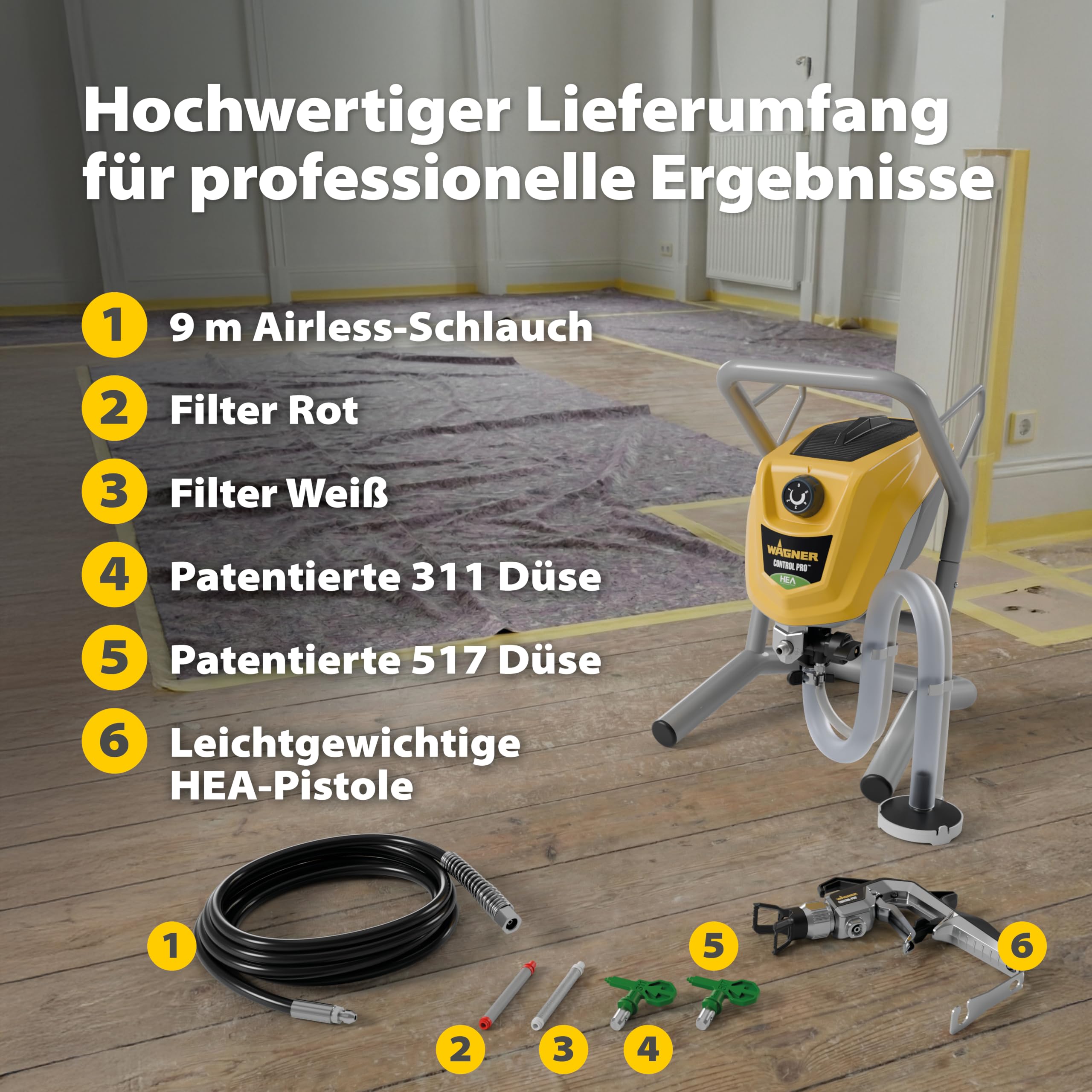 WAGNER Airless Farbsprühsystem Control Pro 250 M für Wandfarben, Latexfarben, Lacke & Lasuren, 15 m²-2 min, Druckregulierung, 110 bar, Schlauch 9 m